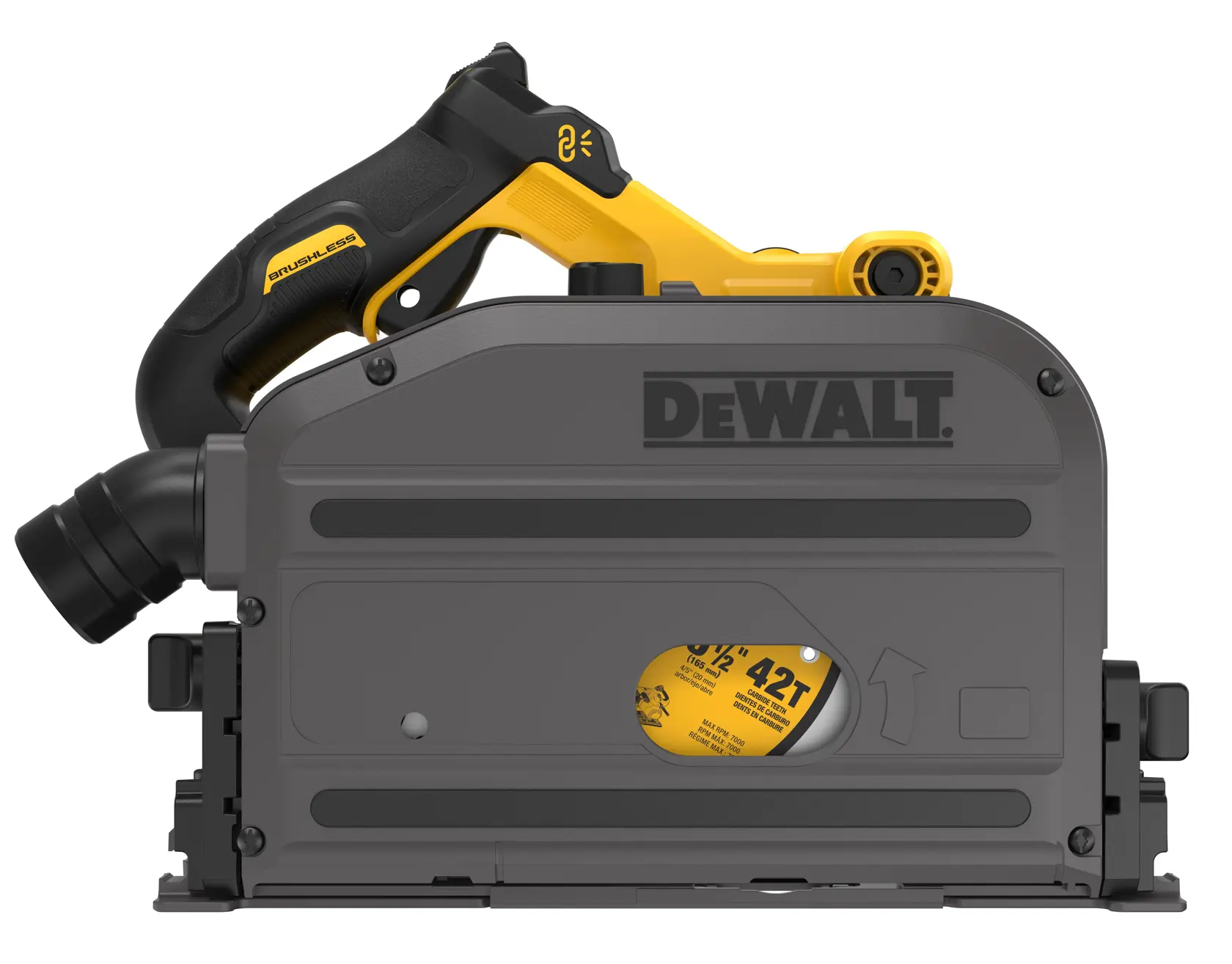 Vista lateral de una sierra de carril inalámbrica DEWALT con mango negro y amarillo y cuerpo gris. El logotipo DEWALT aparece de forma destacada en el costado.