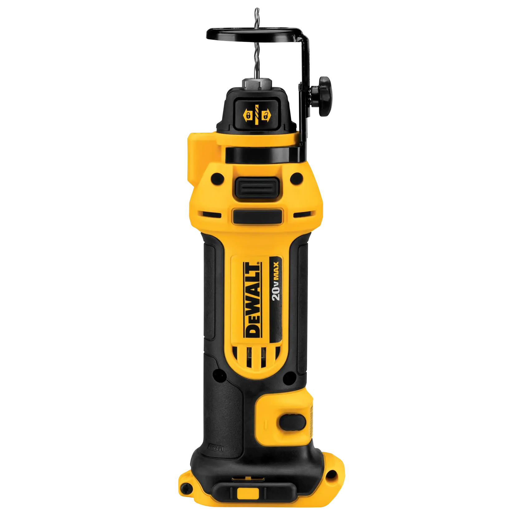 Una herramienta rotativa inalámbrica DEWALT 20V MAX diseñada para cortar y dar forma a materiales, mostrada en posición vertical con una broca acoplada y cuerpo amarillo y negro.