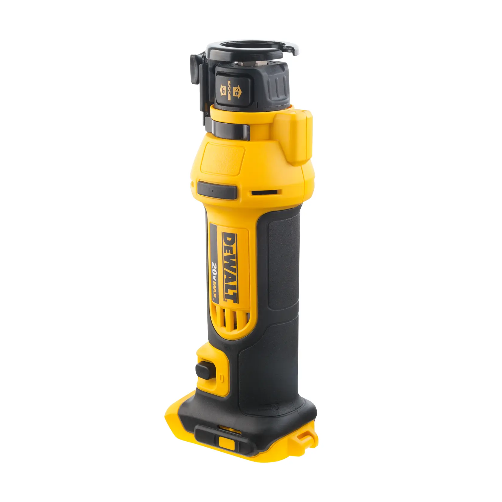 Herramienta rotativa inalámbrica DEWALT de color amarillo y negro, colocada en posición vertical sobre un fondo blanco.