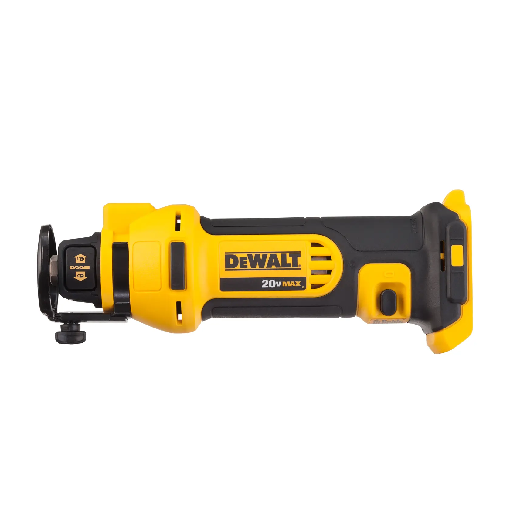Una herramienta rotativa inalámbrica DEWALT 20V MAX con cuerpo negro y amarillo, mostrada sobre fondo blanco.