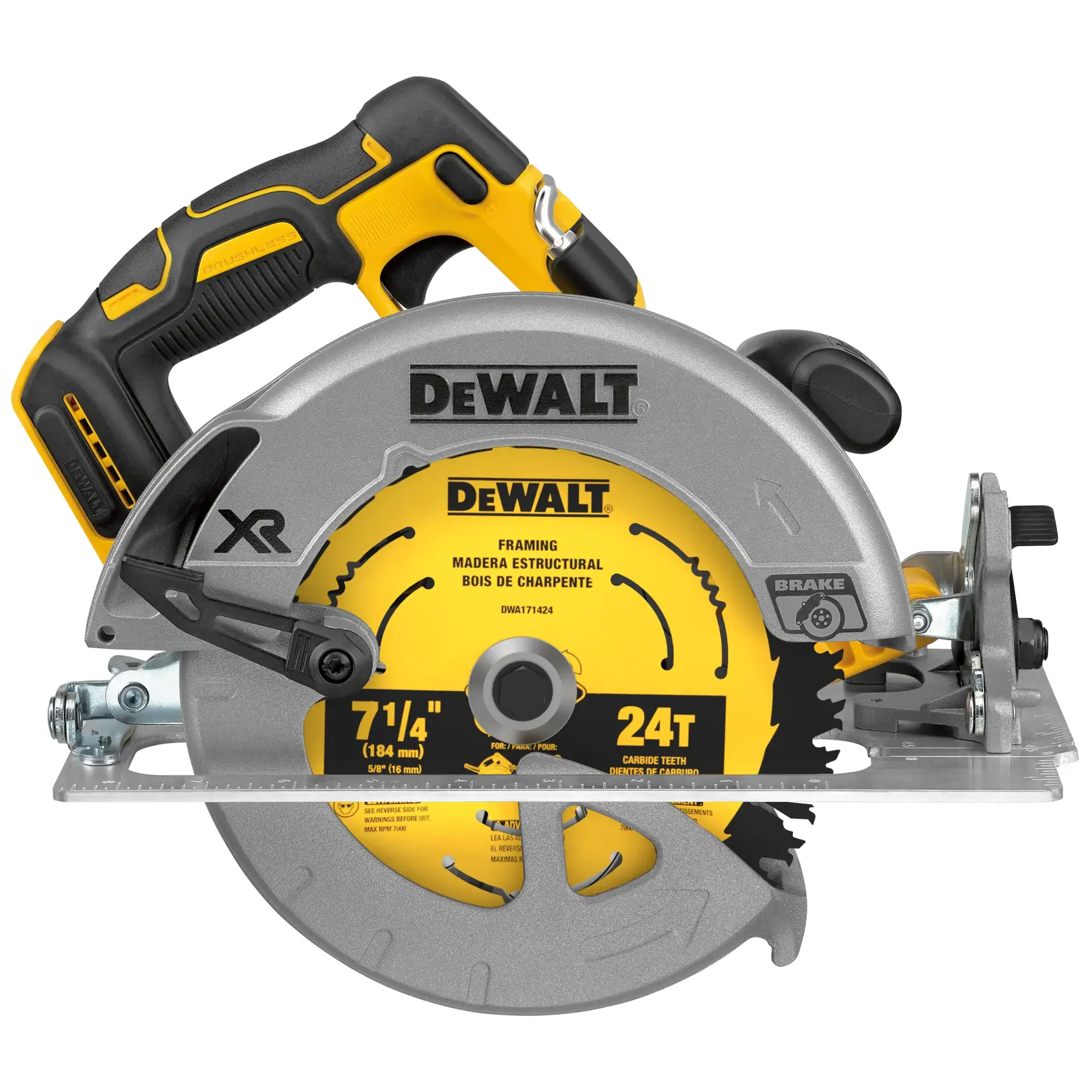 Sierra circular inalámbrica DEWALT con mango amarillo y negro, mostrada de lado. La hoja está marcada como 7-1/4 pulgadas, 24 dientes para estructuras, con marca DEWALT destacada.