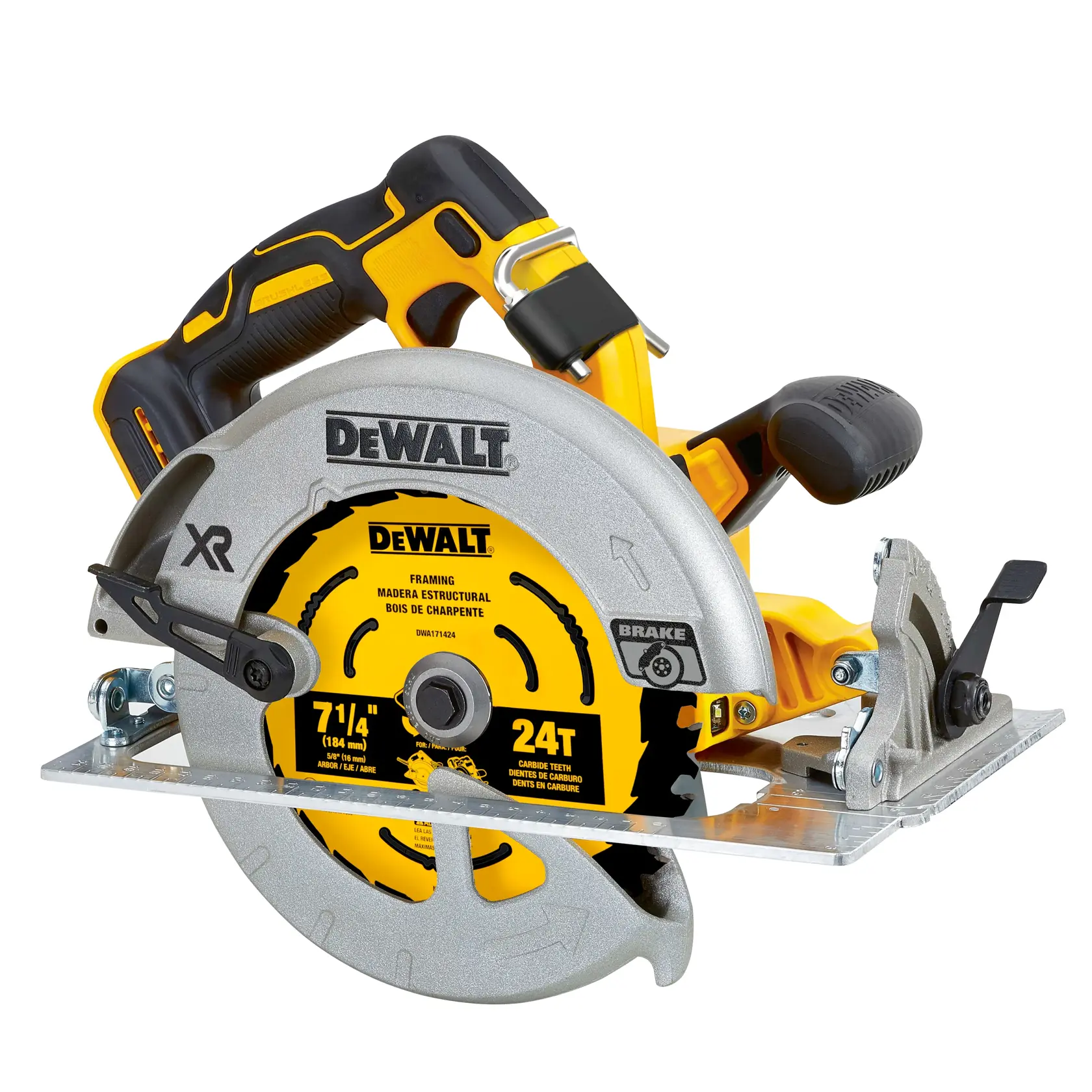 Sierra circular inalámbrica DEWALT con mango negro y amarillo, protector de hoja circular plateado y hoja de carburo de 7-1/4 pulgadas visible. La herramienta eléctrica se muestra de costado.
