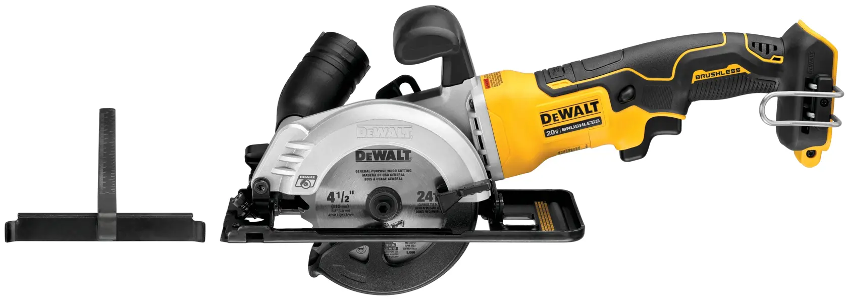 Sierra circular inalámbrica DEWALT con mango amarillo y negro, protector de hoja plateado y un accesorio colocado en el lado izquierdo. El modelo de la sierra es DCS571B.