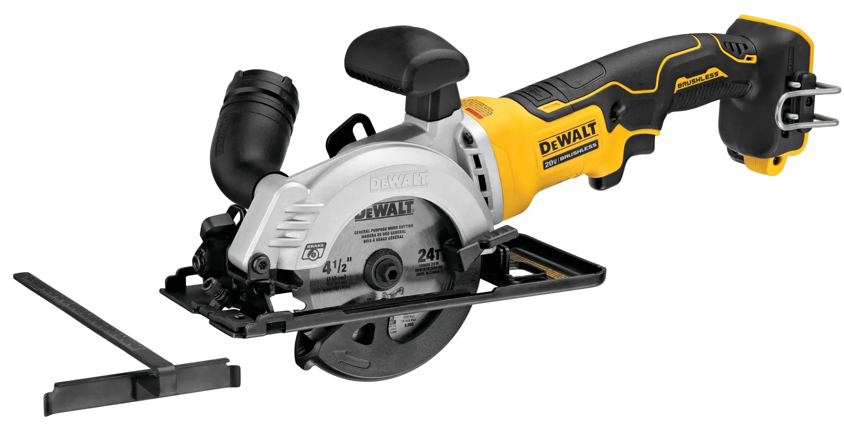 Una sierra circular inalámbrica DEWALT con mango amarillo y negro, equipada con una hoja de 4-1/2 pulgadas y una guía ajustable, vista lateral.