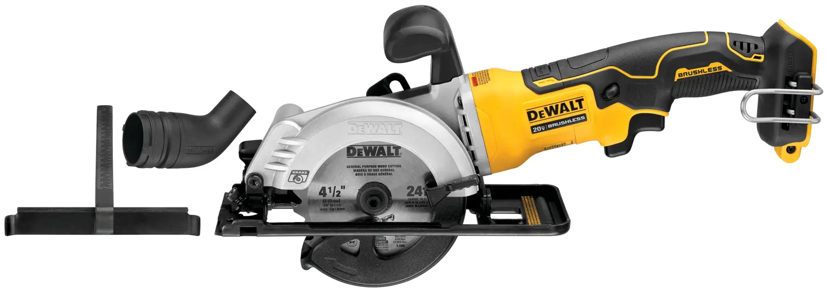 Sierra circular inalámbrica DEWALT con motor sin escobillas, mostrada con empuñadura amarilla y negra y accesorios incluidos como guía y adaptador para el puerto de polvo, SKU DCS571B.