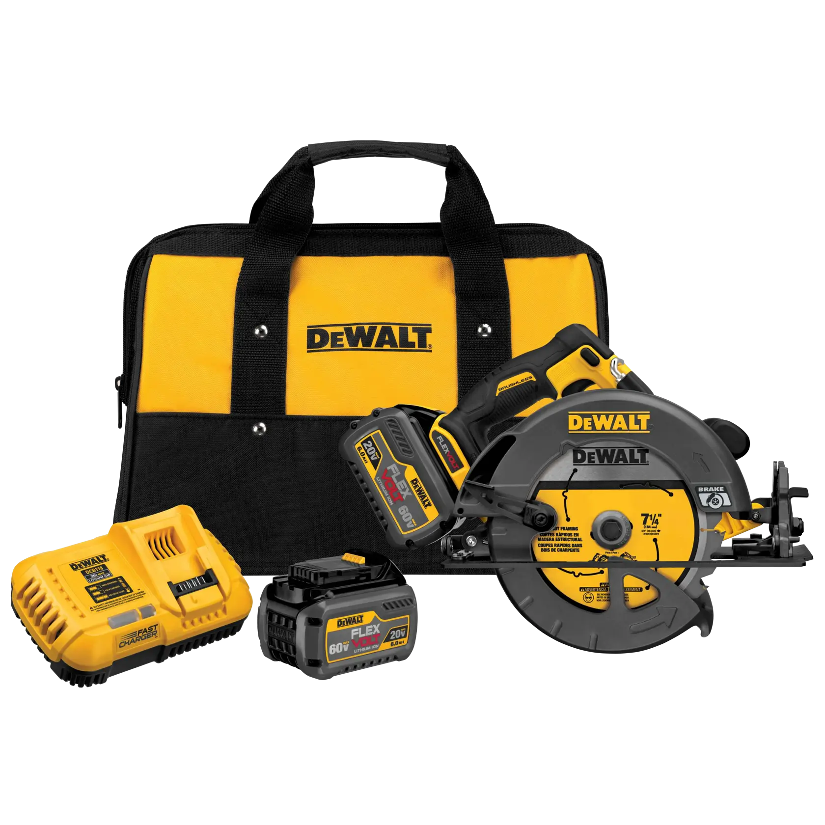 Un kit de sierra circular inalámbrica DEWALT que incluye una bolsa de transporte amarilla y negra, dos baterías recargables, un cargador de baterías y una sierra circular inalámbrica.