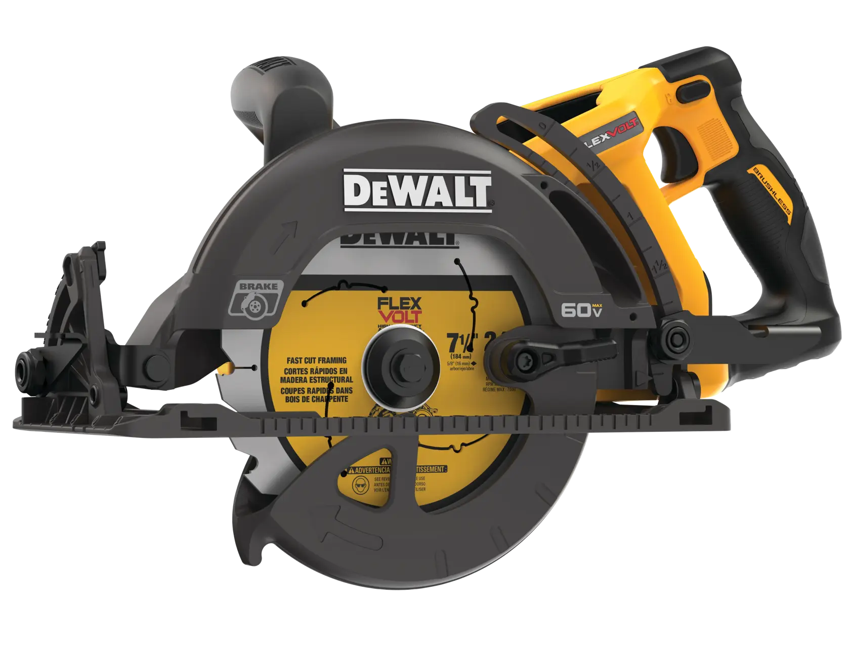 Una sierra circular inalámbrica DEWALT DCS577B con diseño amarillo y negro, equipada con una hoja de 7-1/4 pulgadas y sistema de batería 60V FlexVolt.