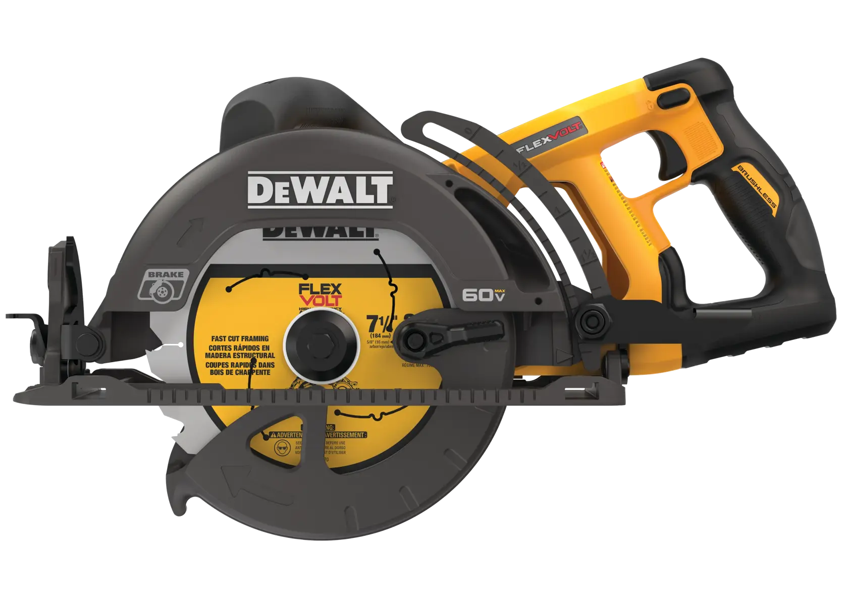 Una sierra circular inalámbrica DEWALT FLEXVOLT con diseño amarillo y negro, mostrando el perfil lateral de la herramienta, incluyendo la hoja, la cubierta, el mango y la marca.