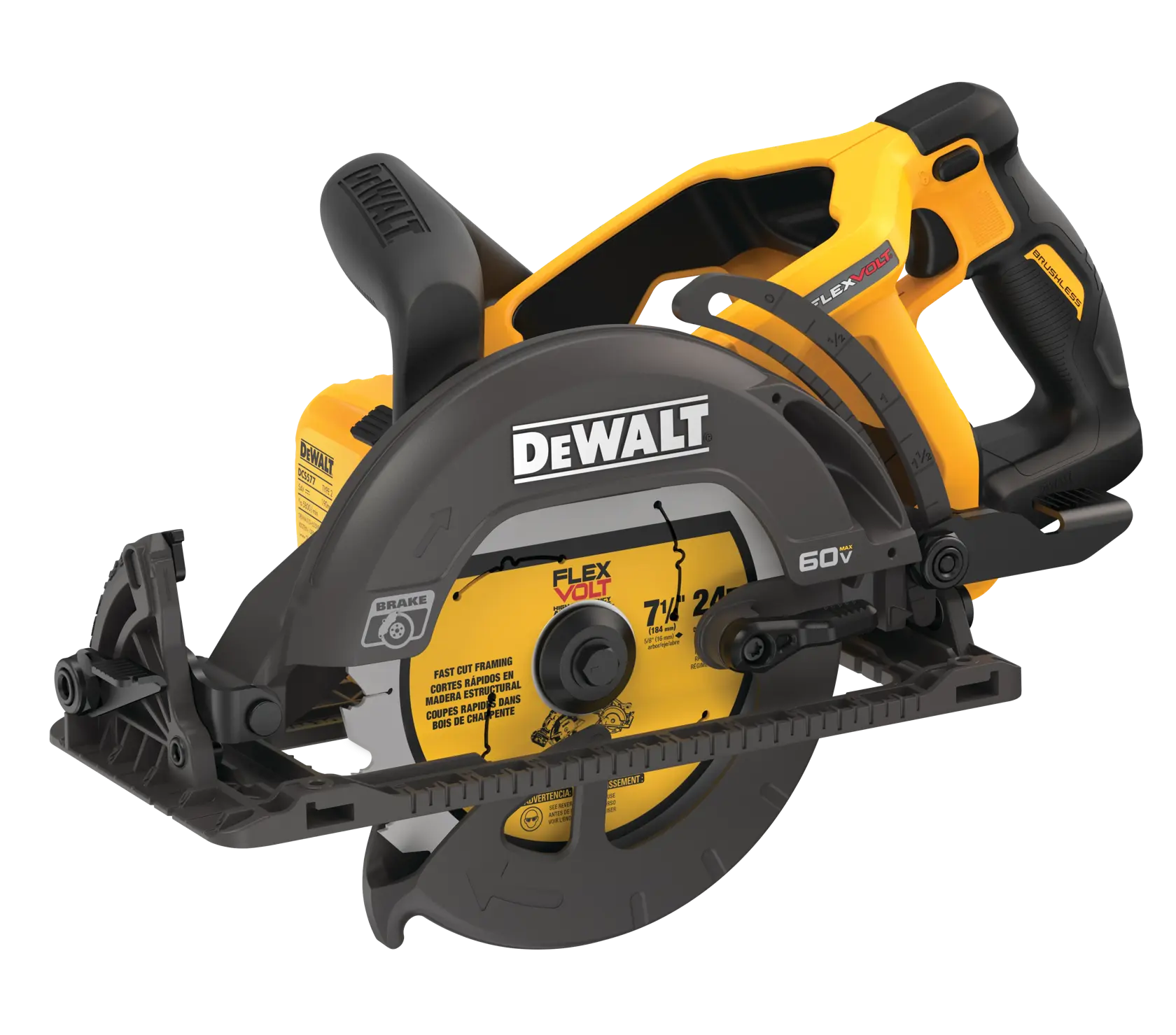 Una sierra circular inalámbrica de la marca DEWALT con cuerpo amarillo y negro, que cuenta con tecnología FLEXVOLT 60V. La sierra tiene una hoja visible, un mango y funciones de ajuste. El producto se muestra sobre un fondo blanco.