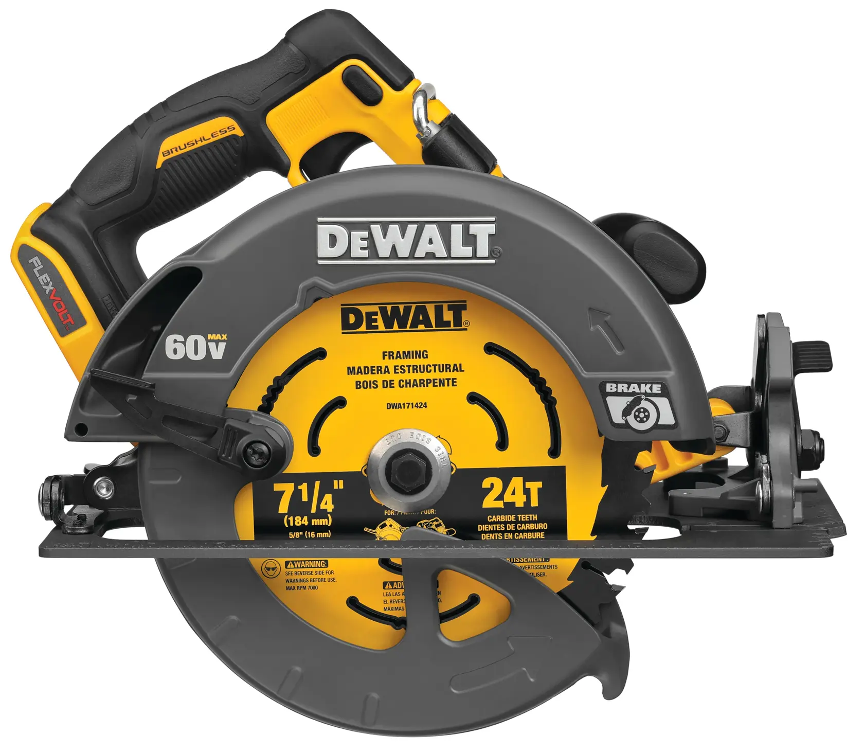 Una sierra circular inalámbrica DEWALT 60V MAX, modelo DCS578B, con diseño amarillo y negro. La sierra está equipada con una hoja de 7-1/4 pulgadas con 24 dientes de carburo, adecuada para corte de madera estructural y enmarcado. Incluye motor sin escobillas, capacidad FlexVolt y freno de hoja para seguridad.