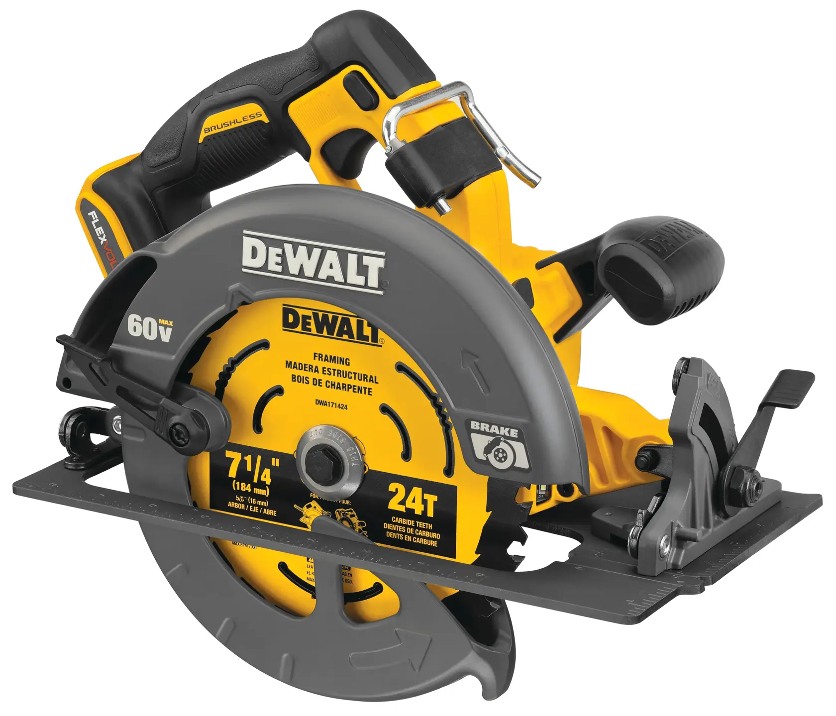 Una sierra circular inalámbrica DEWALT, con un diseño amarillo y negro, motor sin escobillas y una hoja de 7-1/4 pulgadas para trabajos de estructura. La sierra tiene el logo FLEXVOLT 60V Max y un mango ergonómico, adecuada para tareas de construcción y carpintería.