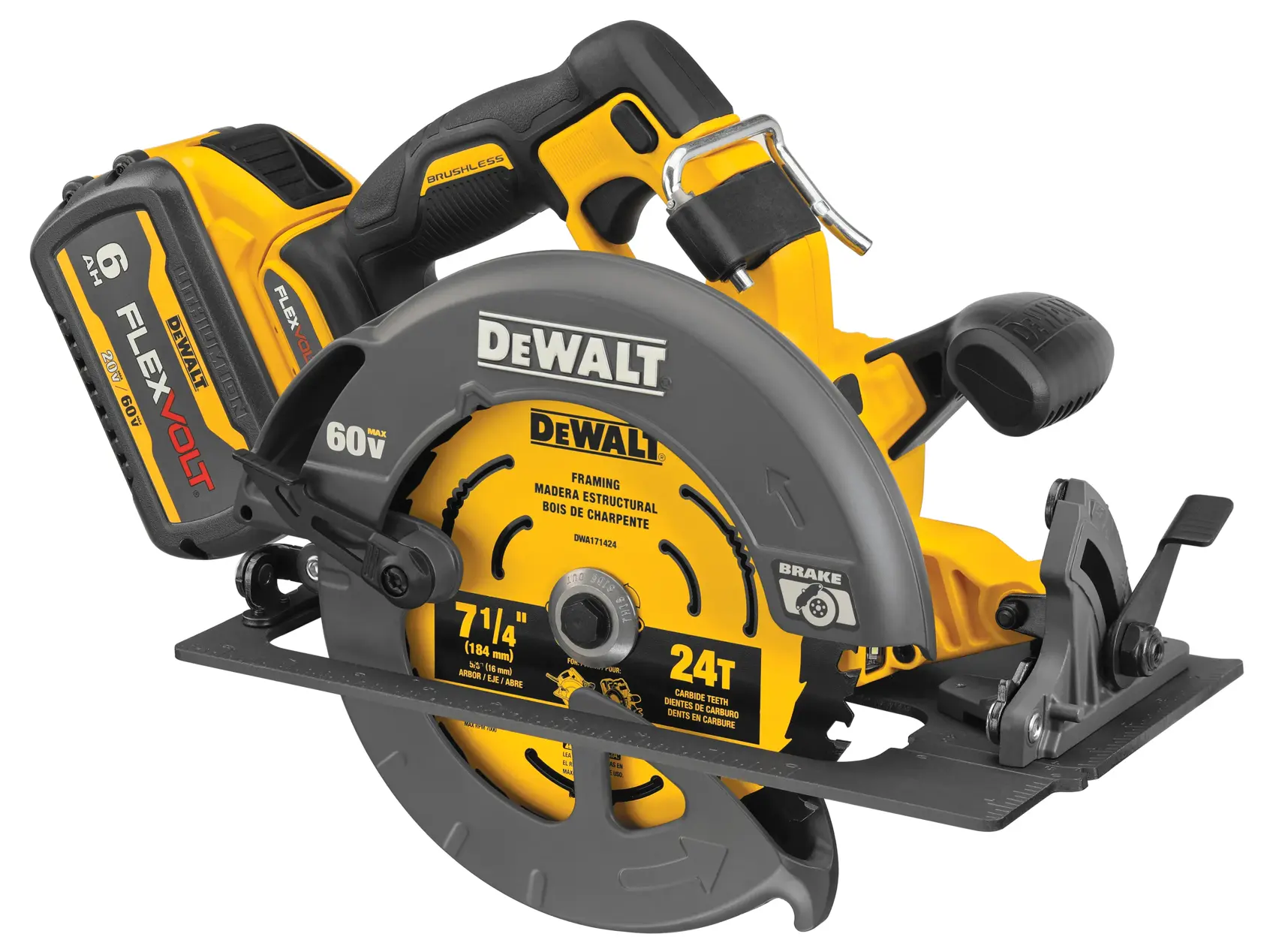 Una sierra circular inalámbrica DEWALT con batería FLEXVOLT 60V, diseño amarillo y negro, y una hoja de 184 mm indicada para estructuras.