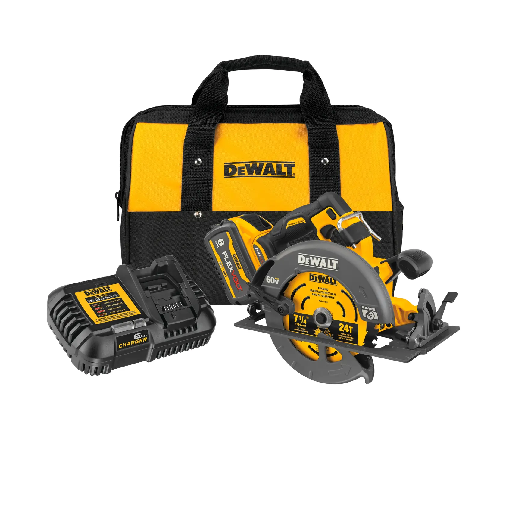 Un set de sierra circular inalámbrica DEWALT, que incluye una bolsa de herramientas amarilla y negra, un cargador de batería, una batería FLEXVOLT y una sierra circular.