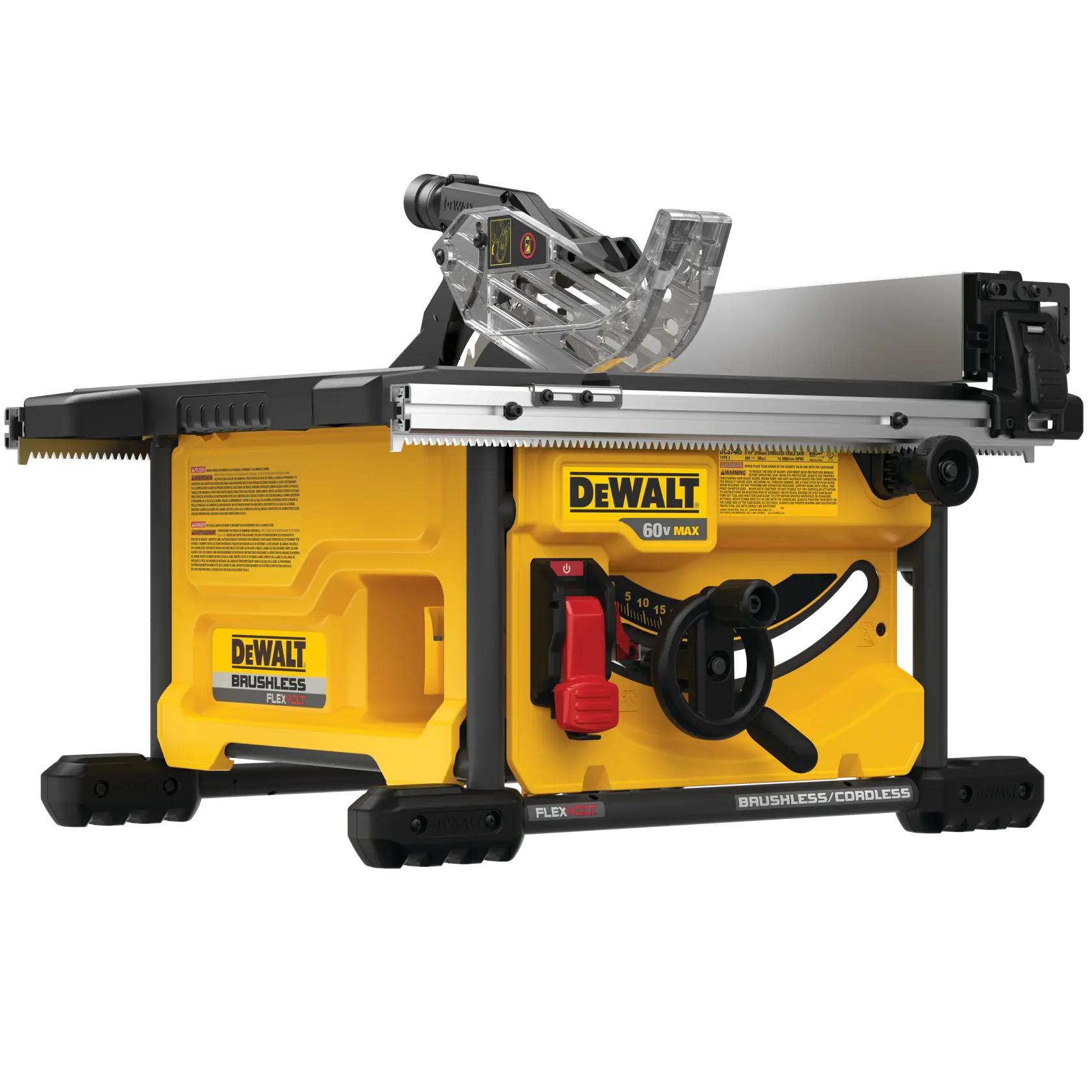 Una sierra de mesa inalámbrica brushless DeWALT DCS7485B, con diseño amarillo y negro, rueda de ajuste, protector de seguridad y la marca 60V MAX. Esta sierra está diseñada para tareas de corte precisas y es apta para uso profesional y doméstico.