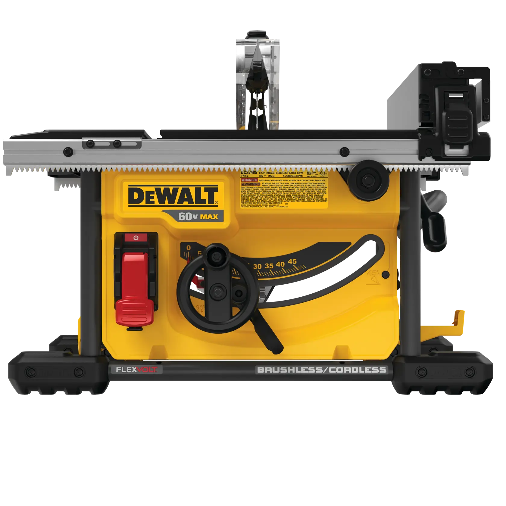 Vista frontal de una sierra de mesa inalámbrica DEWALT 60V Max con motor sin escobillas y tecnología FLEXVOLT. La herramienta amarilla y negra incluye un interruptor de encendido, manijas de ajuste y marcas de medición detalladas.