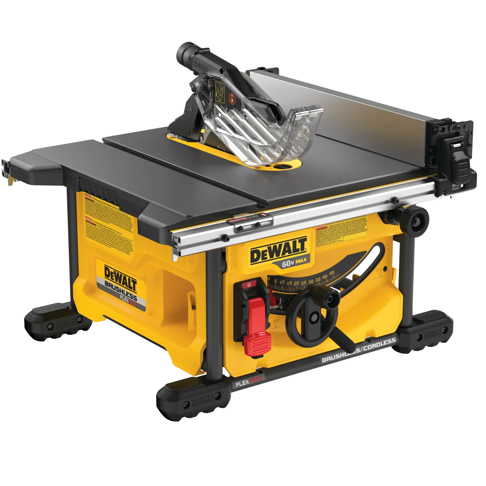 Sierra de mesa inalámbrica sin escobillas DEWALT, modelo DCS7485B, con diseño en amarillo y negro, perillas de ajuste, protector de hoja transparente y panel de medición marcado.
