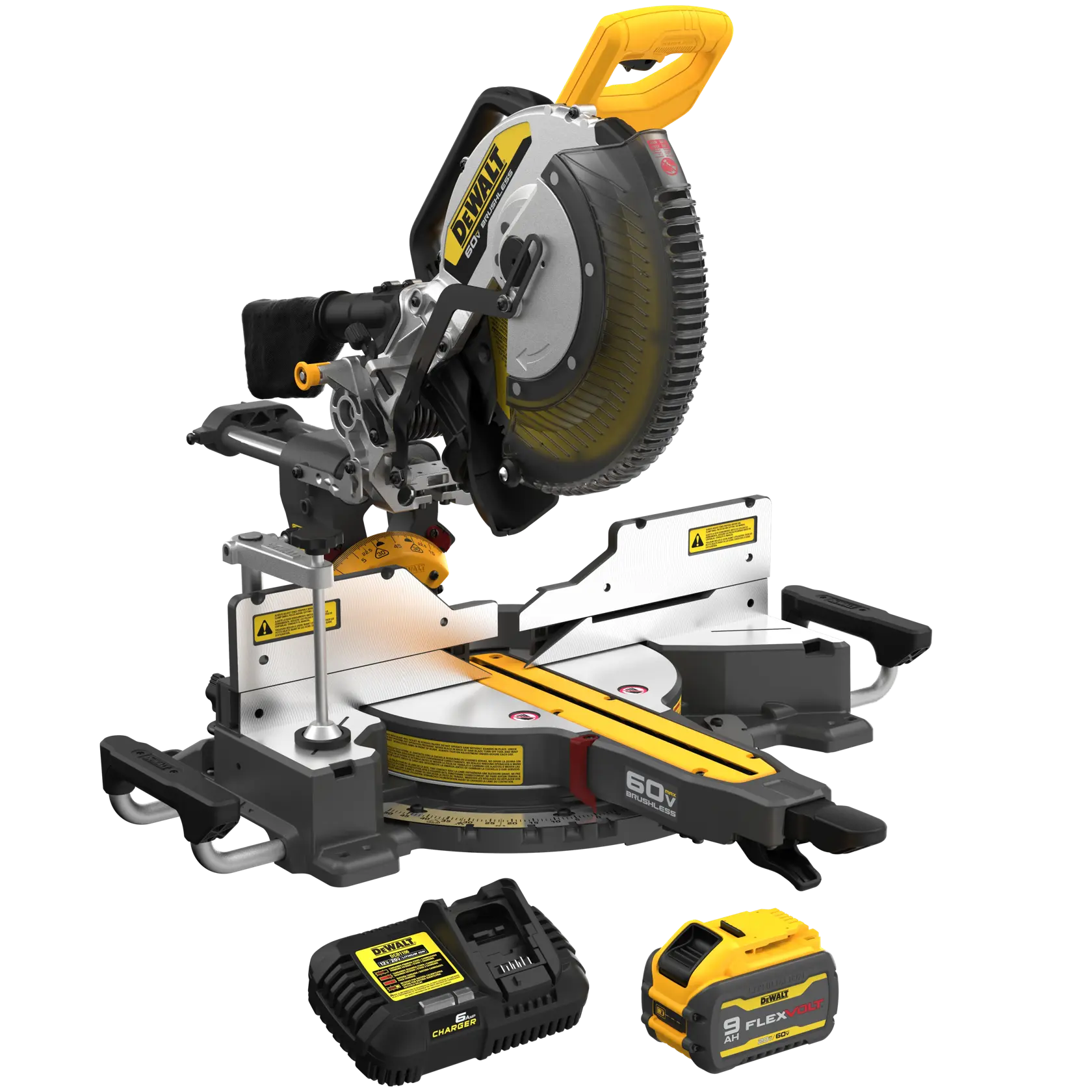 Una sierra de inglete inalámbrica DEWALT 60V brushless con esquema de colores amarillo y negro, equipada con una gran hoja circular y guías de corte ajustables, diseñada para trabajos precisos de corte de madera.