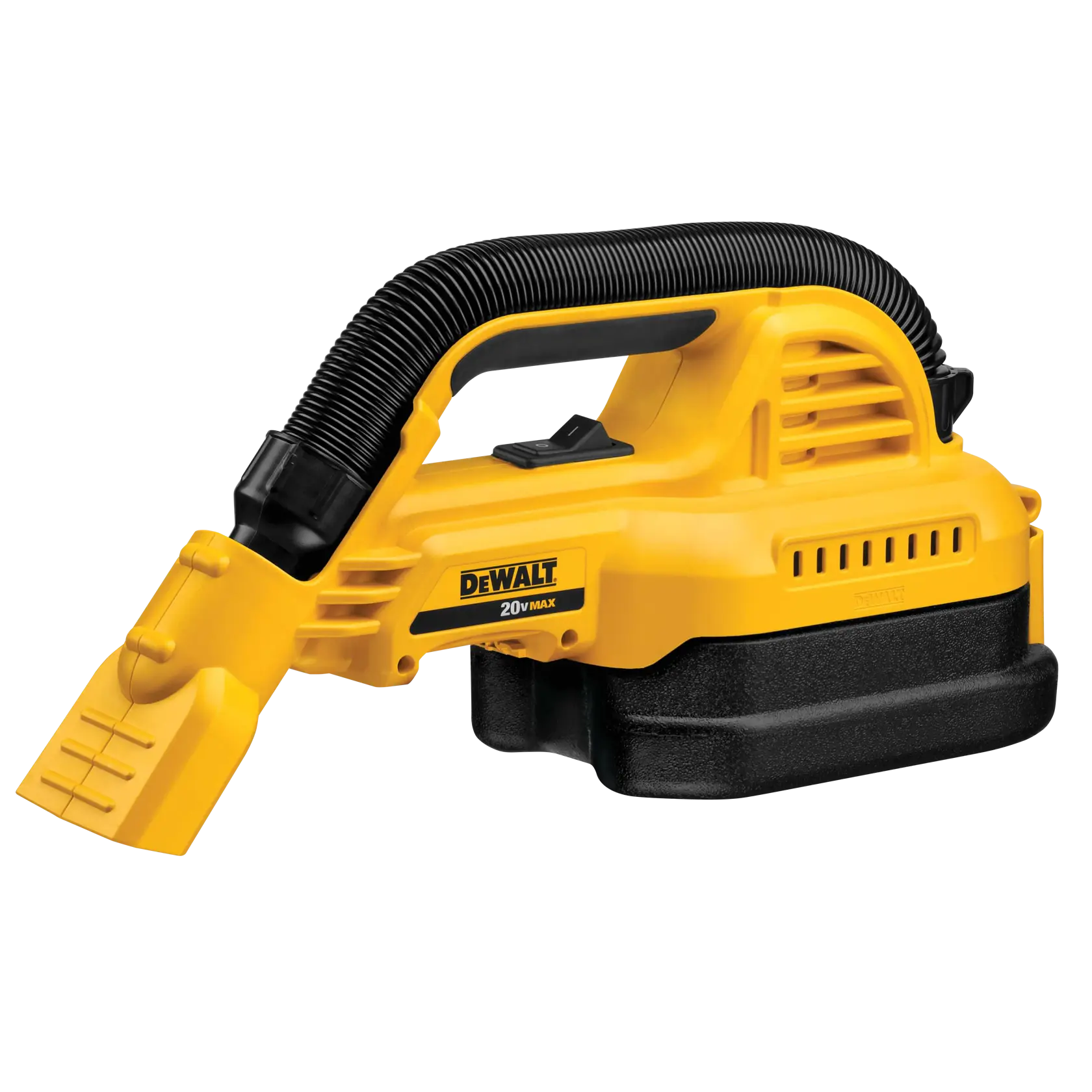 Una aspiradora portátil inalámbrica DEWALT DCV517B para líquidos y polvo, en color amarillo y negro, con una manguera flexible y asa ergonómica, diseñada para tareas de limpieza prácticas.