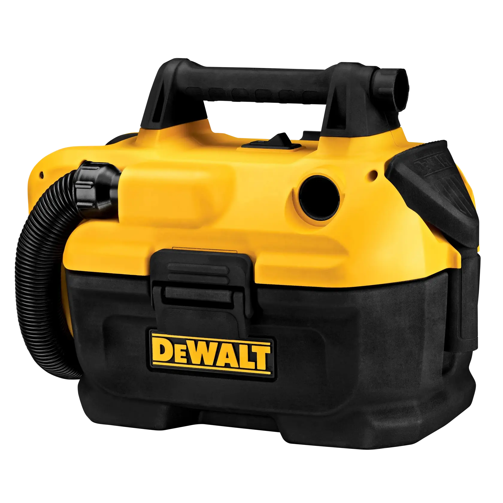 Una aspiradora portátil DEWALT para seco y húmedo con carcasa amarilla y negra, asa en la parte superior y tubo flexible.