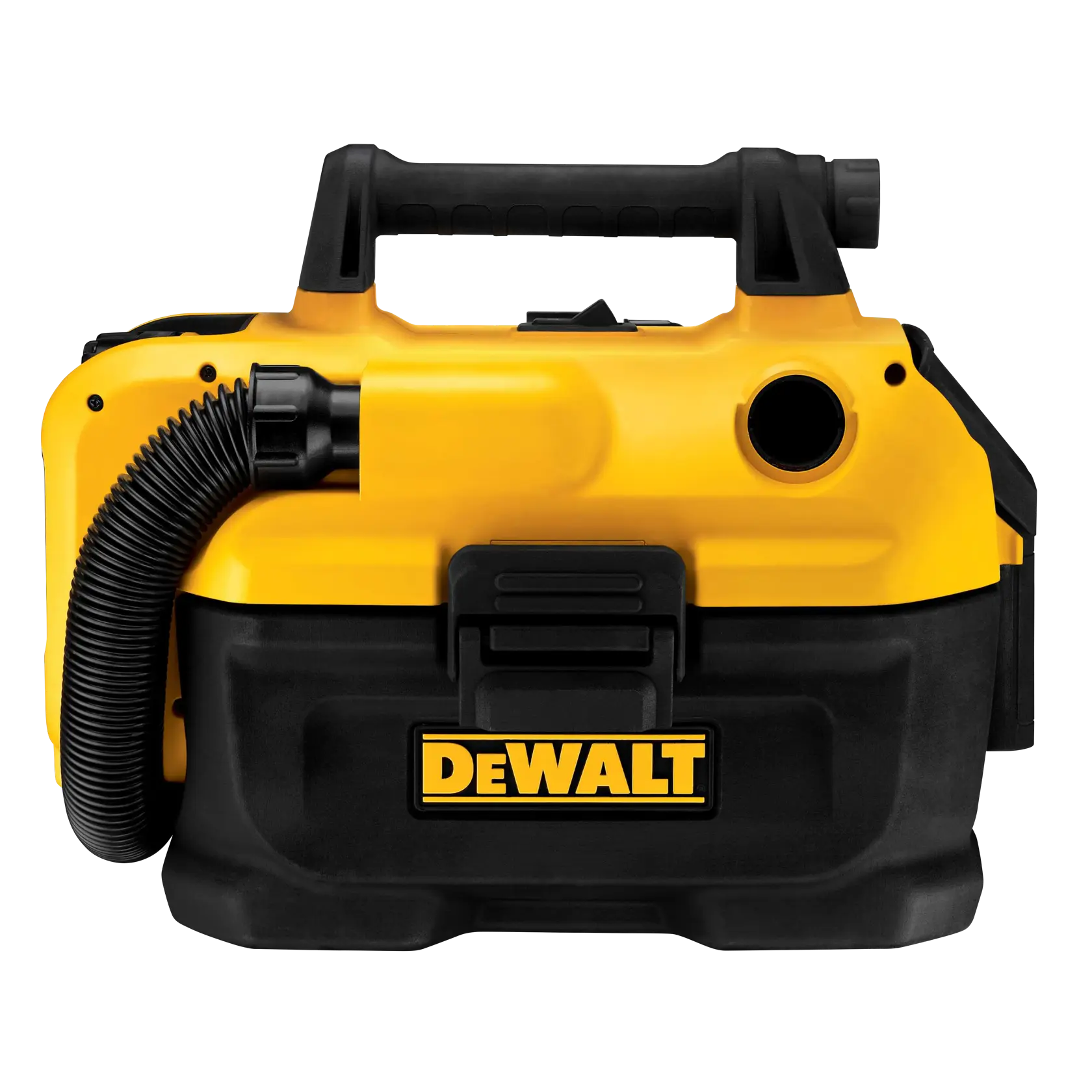 Una aspiradora portátil amarillo y negra para líquidos y sólidos con acople de manguera, asa de transporte y el logotipo DEWALT en la parte frontal.