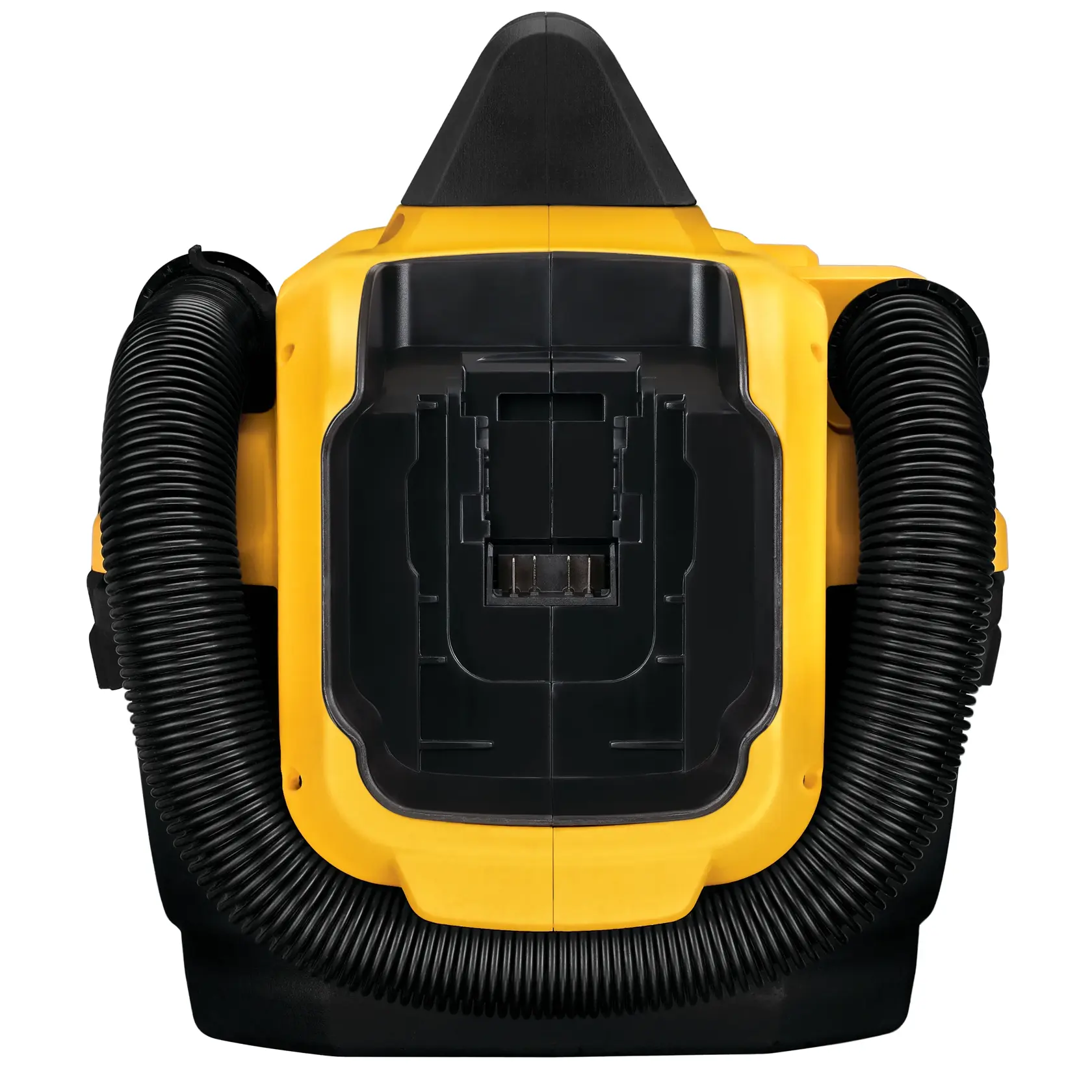 Vista frontal de una aspiradora portátil DEWALT para líquidos y secos, mostrando el exterior amarillo y negro, el accesorio de la manguera y el compartimiento de la batería.