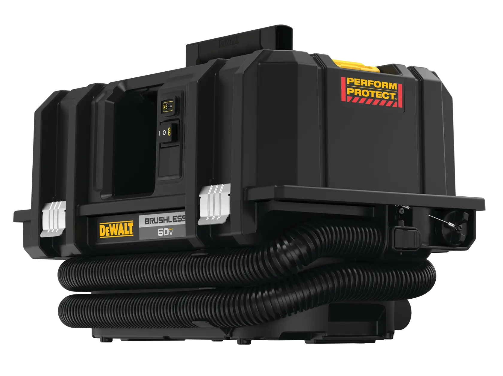 Un extractor de polvo portátil DEWALT 60V sin escobillas con etiqueta Perform Protect. La unidad es negra, rectangular y tiene mangueras enrolladas firmemente en la base. Las vistas frontal y lateral muestran varios compartimentos y una construcción robusta.