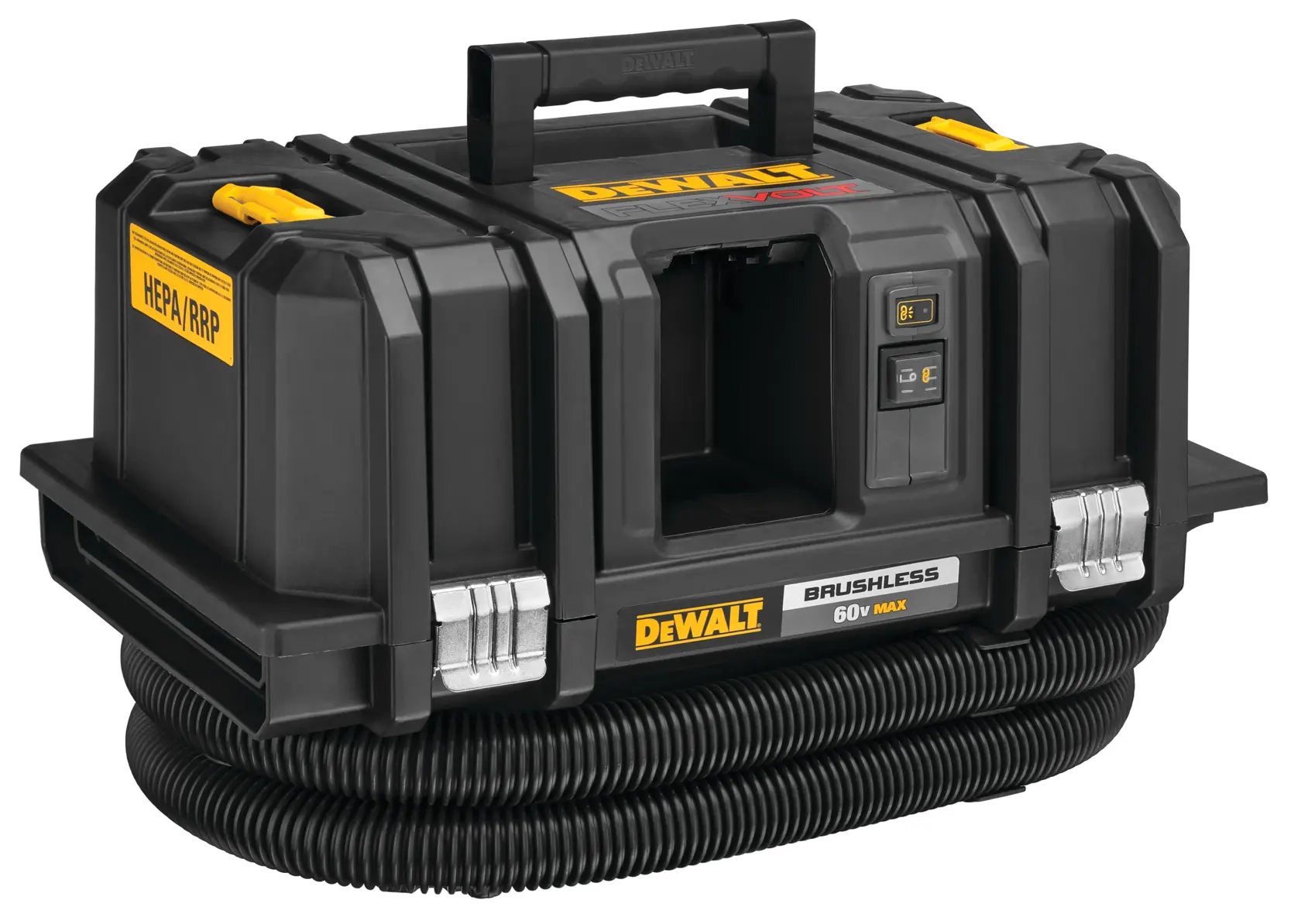 Una aspiradora portátil sin escobillas DEWALT con filtro HEPA/RRP, mostrada envuelta con una manguera flexible. El dispositivo cuenta con un asa resistente para transportar y botones de control en la parte frontal, con marcas y etiquetas amarillas sobre una carcasa negra.