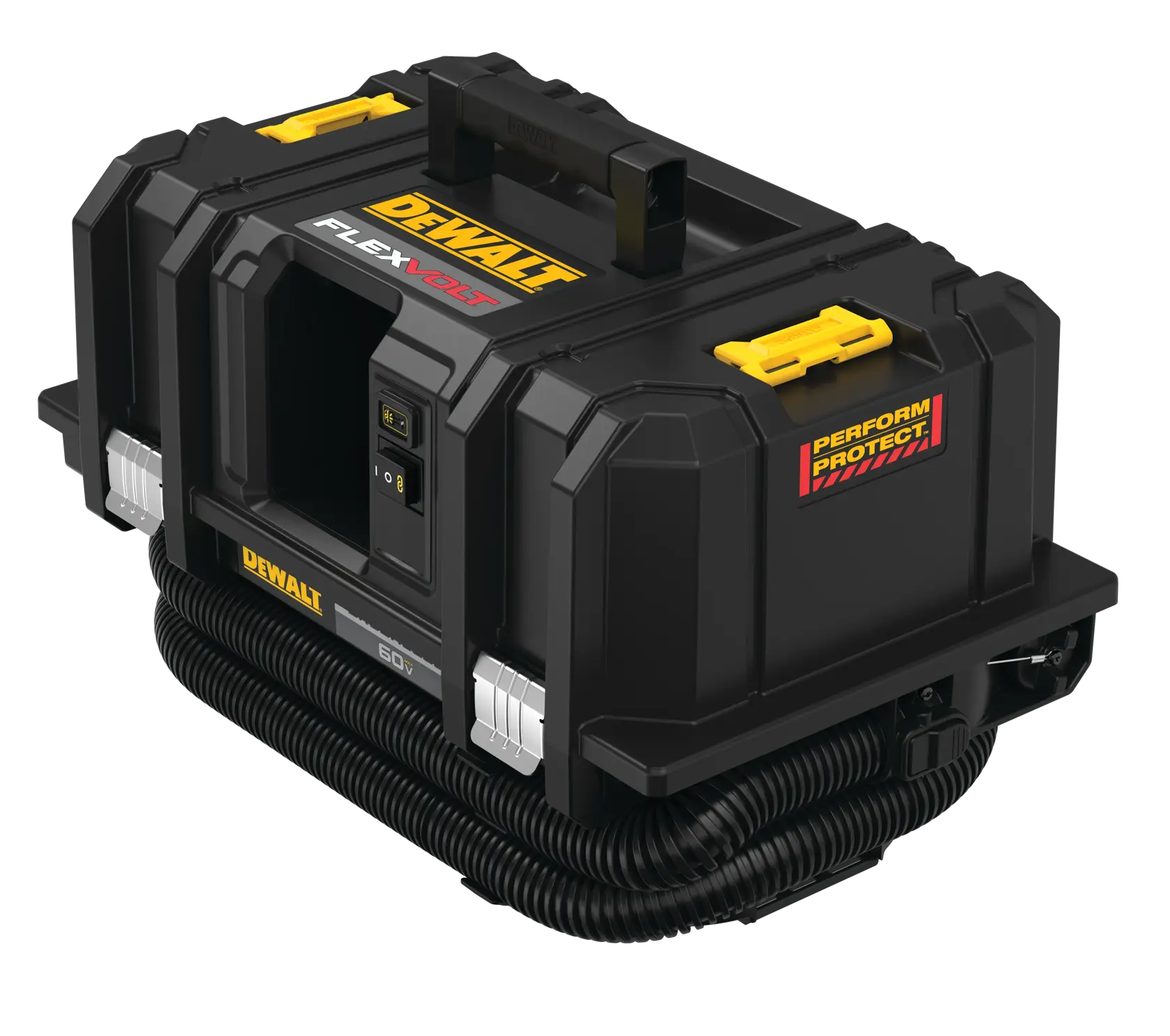 Un extractor de polvo inalámbrico DEWALT DCV585B FLEXVOLT 60V negro con asa resistente, cierres amarillos, almacenamiento lateral para la manguera y etiqueta 'Perform Protect'. El producto está diseñado para uso en obras y talleres.