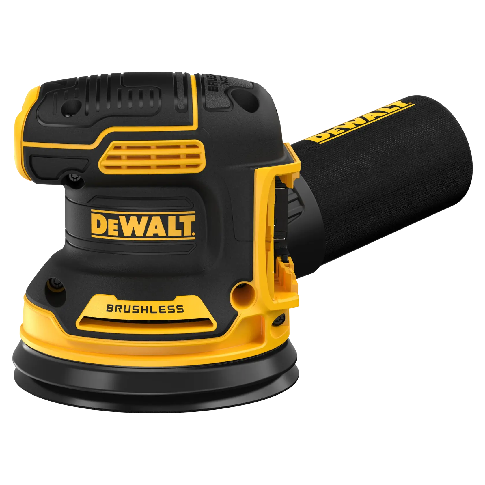 Una lijadora orbital inalámbrica brushless DEWALT DCW210B con cuerpo negro y amarillo, bolsa para recolectar el polvo y marcas de la marca.