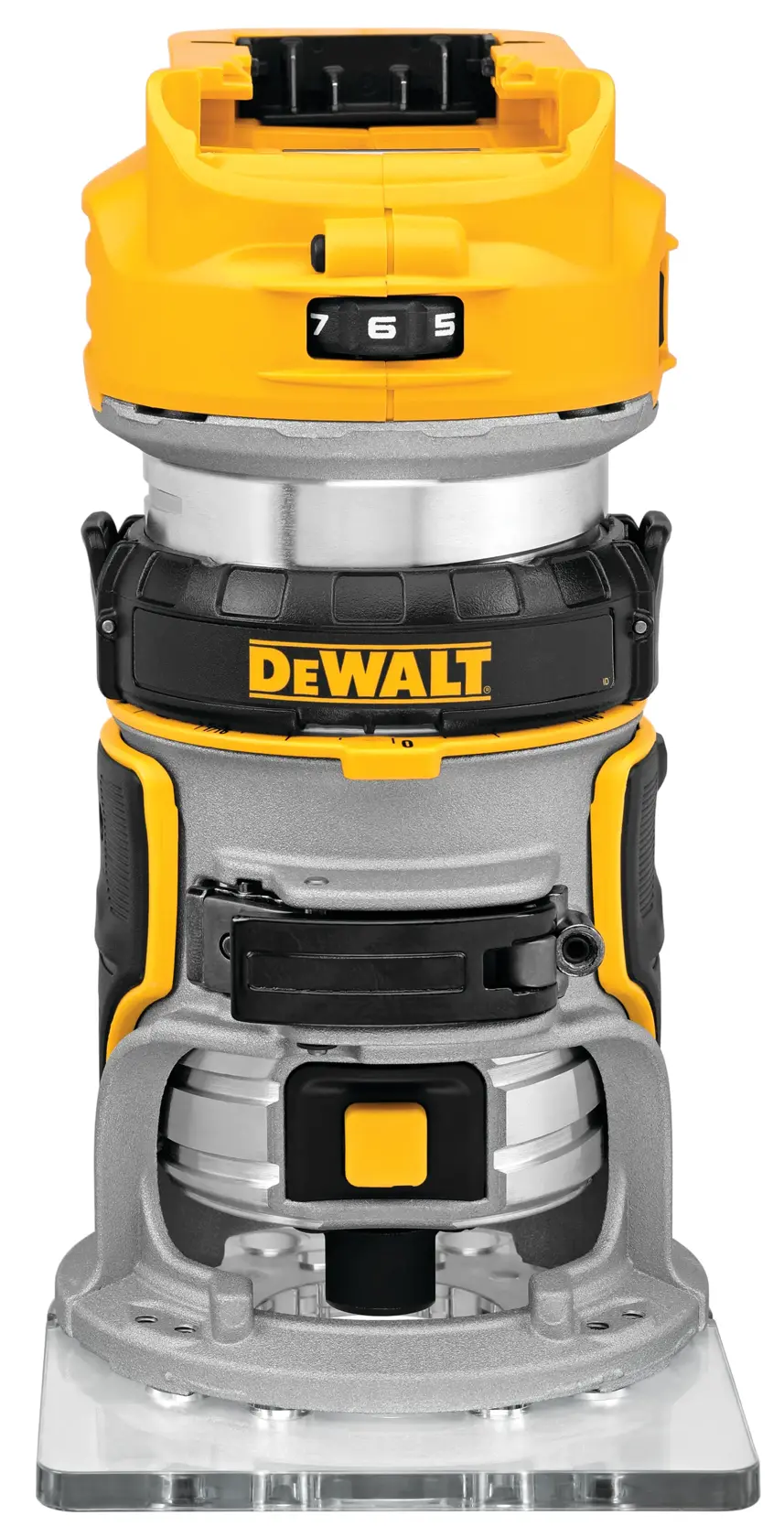 Vista frontal de una fresadora inalámbrica DEWALT DCW600B, con diseño amarillo y negro, dial de ajuste visible y logotipo DEWALT.