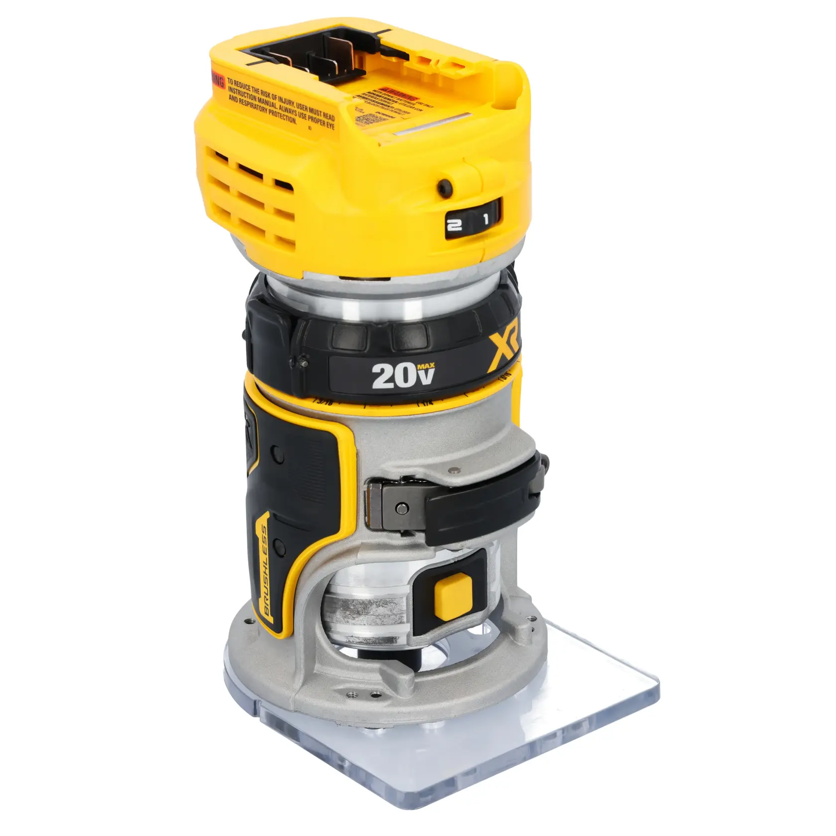 Enrutadora compacta inalámbrica DEWALT 20V, modelo DCW600B, con cuerpo amarillo y negro y base de plástico transparente, diseñada para tareas de carpintería y recorte.