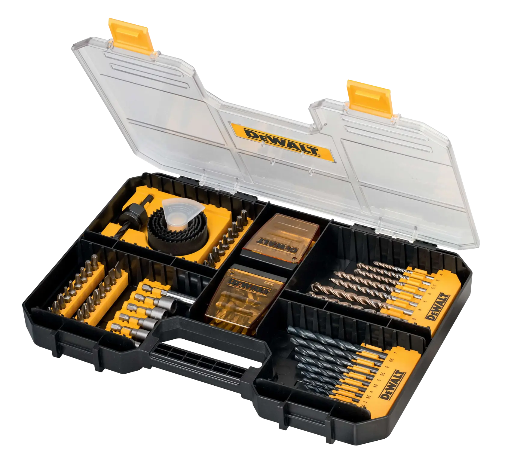 Un set de brocas y puntas de destornillador de la marca DEWALT en un estuche de plástico negro y amarillo con tapa transparente. El estuche está abierto y muestra varios tipos de brocas, puntas de destornillador, adaptadores de socket y sierras de corona organizados en compartimentos.