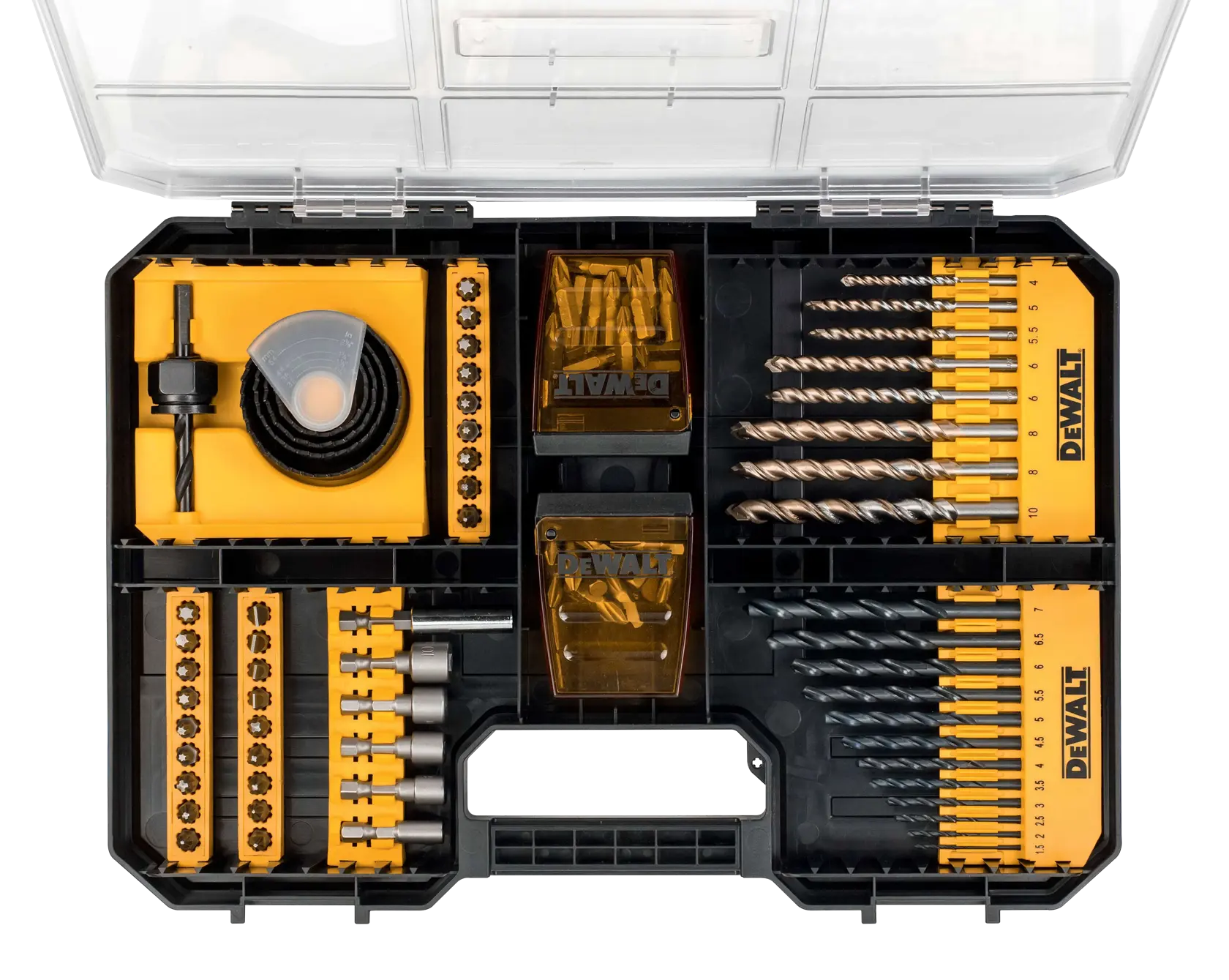 Juego de brocas y puntas DEWALT en caja de plástico con varios accesorios.