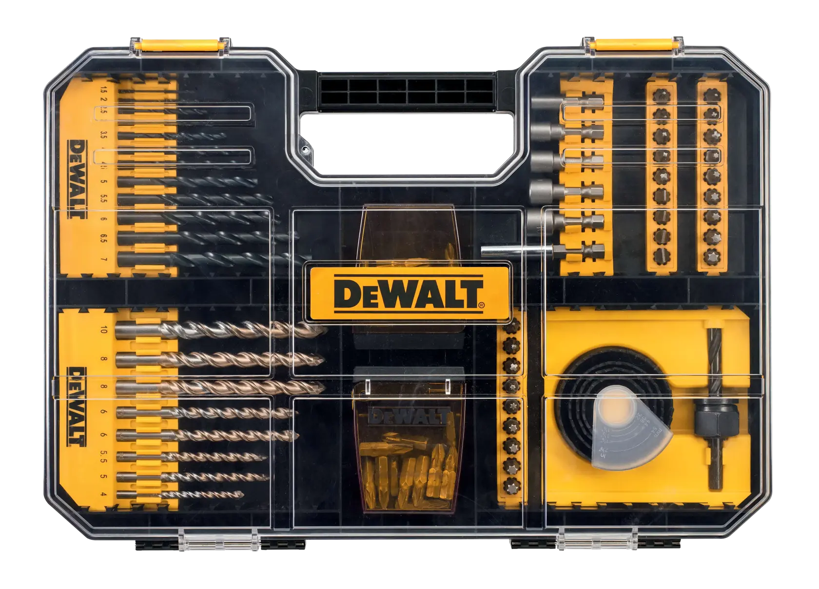 Un estuche transparente DEWALT con un juego de brocas y puntas para tornillos, que incluye varias brocas, puntas de destornillador, puntas de vaso y accesorios organizados en compartimentos.