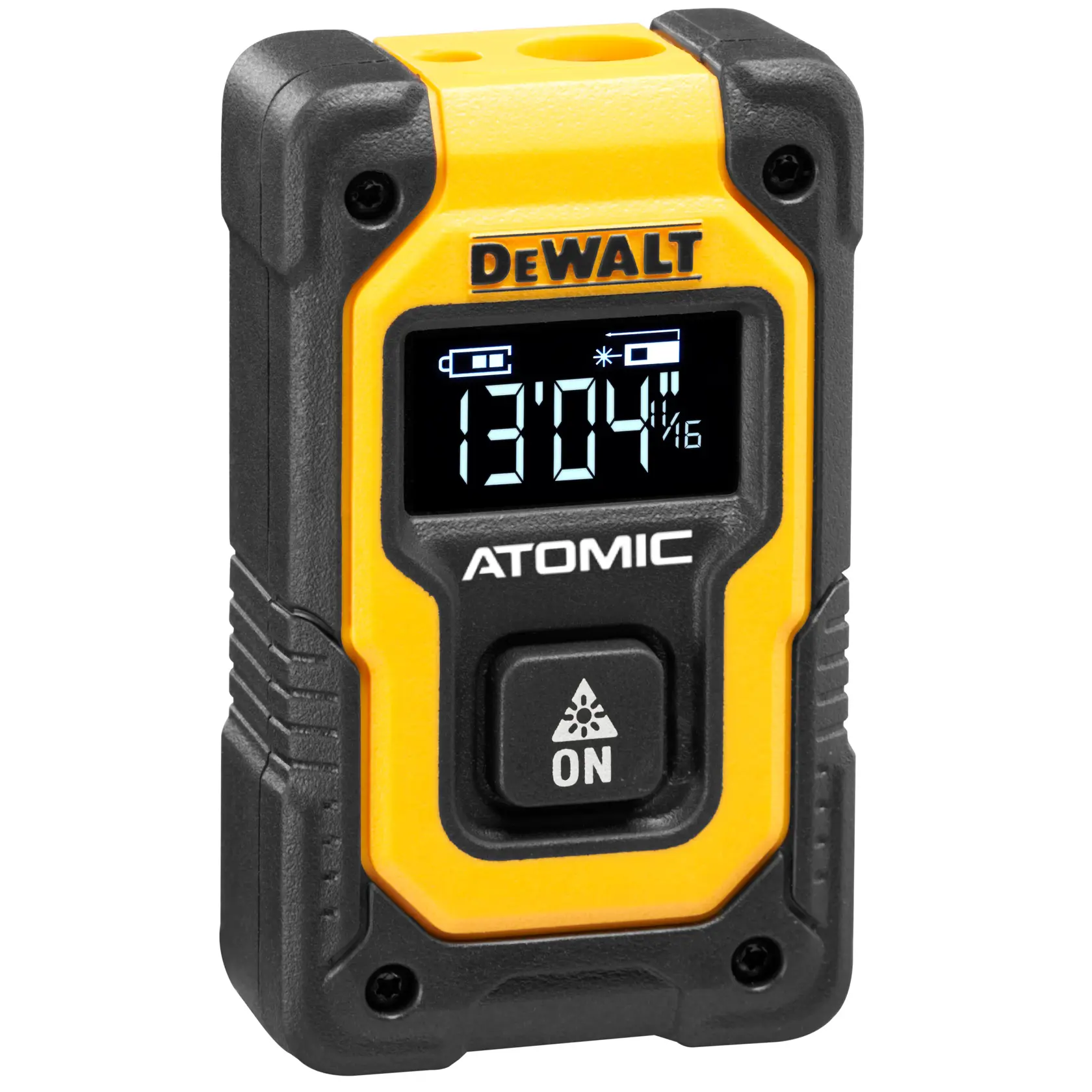 Un medidor de distancia láser amarillo y negro de la marca DEWALT con pantalla digital que muestra valores de medición, etiquetado como 'ATOMIC' y con un botón de encendido.