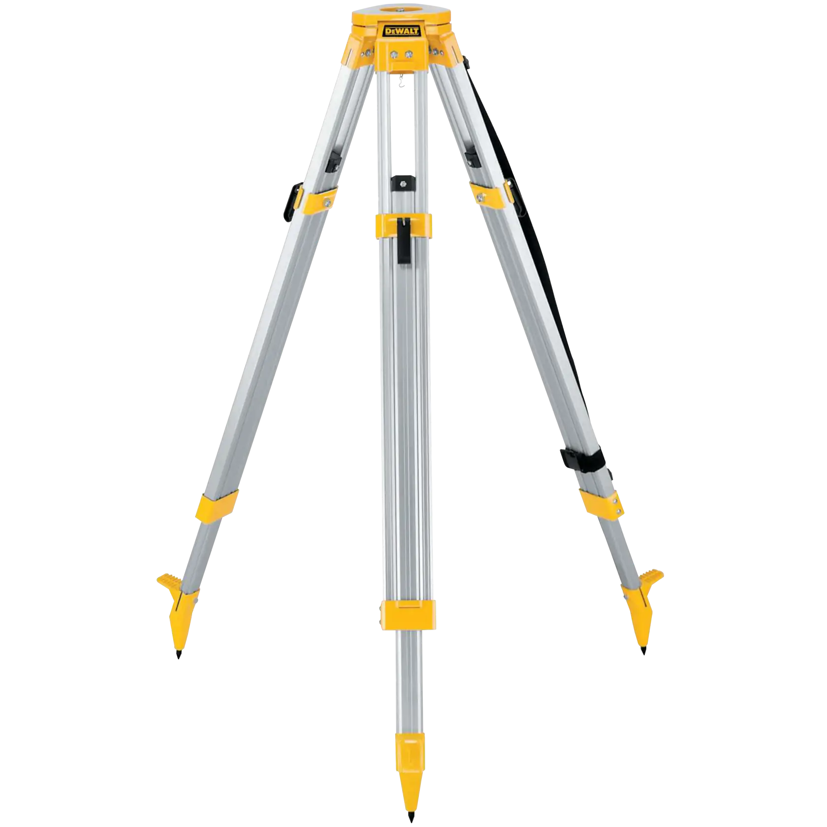 Un trípode de aluminio DEWALT para fotografía o topografía, con tres patas ajustables de pies puntiagudos y detalles en amarillo.