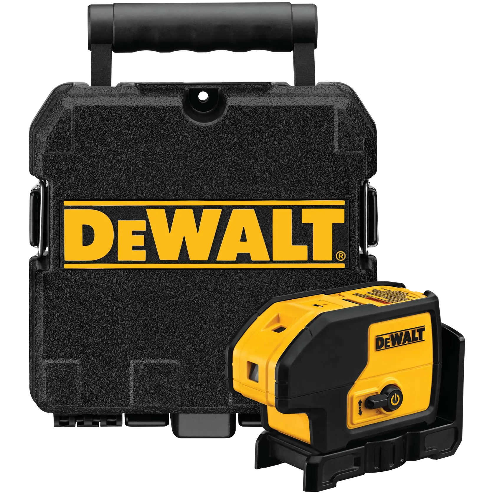 Herramienta de nivel láser DEWALT DW083K mostrada junto a un estuche de transporte negro resistente, ambos con el logotipo amarillo DEWALT.