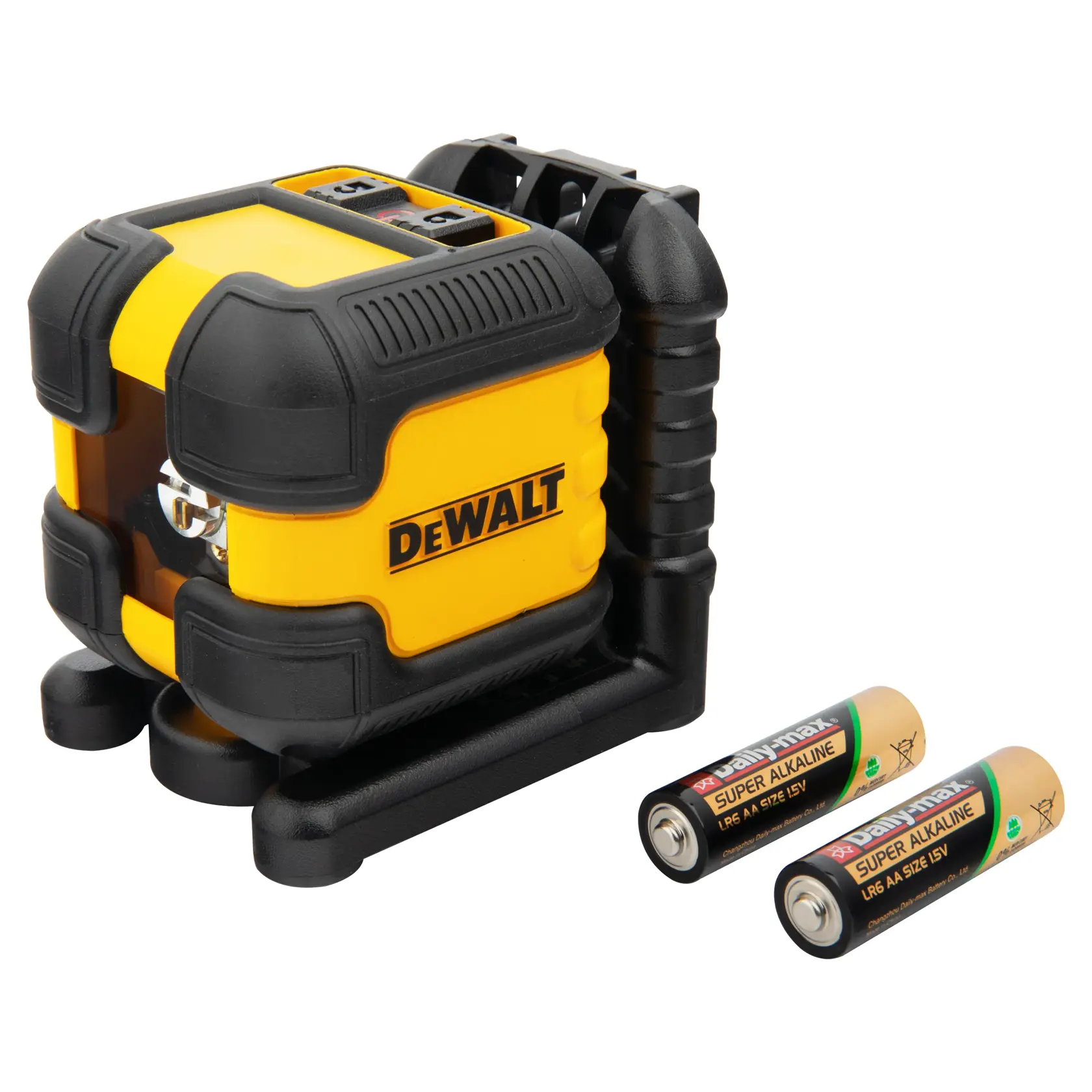 Nivel láser DEWALT amarillo y negro con dos pilas AA colocadas al lado.