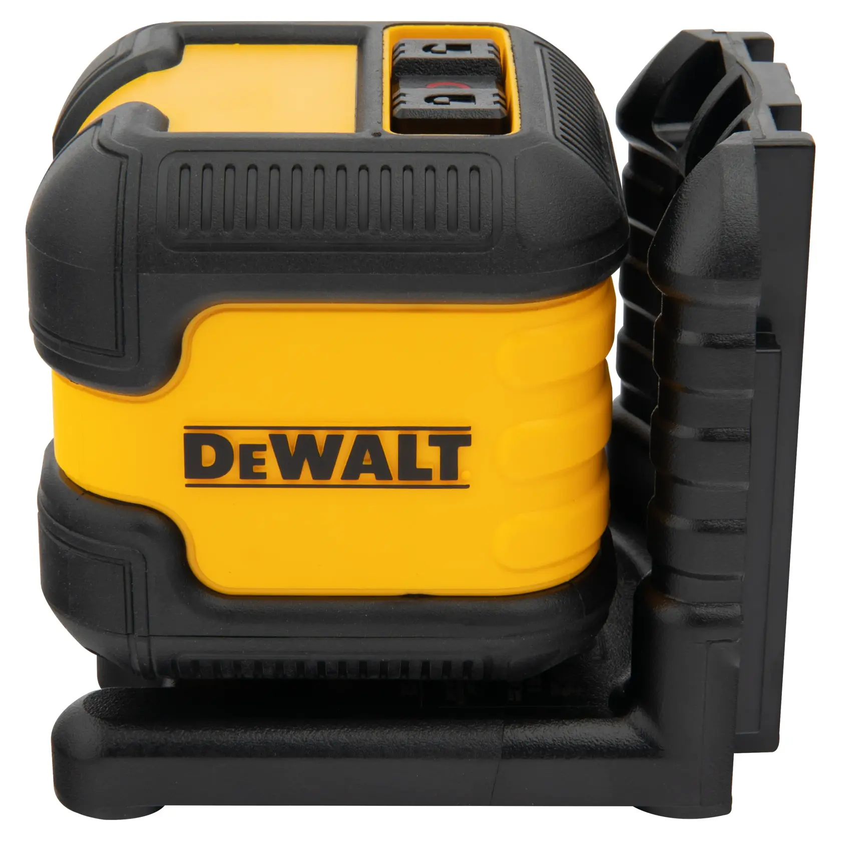 Imagen en primer plano de un nivel láser DEWALT, de color amarillo y negro con un diseño resistente. La herramienta se utiliza para alinear y nivelar en construcción y fotografía.