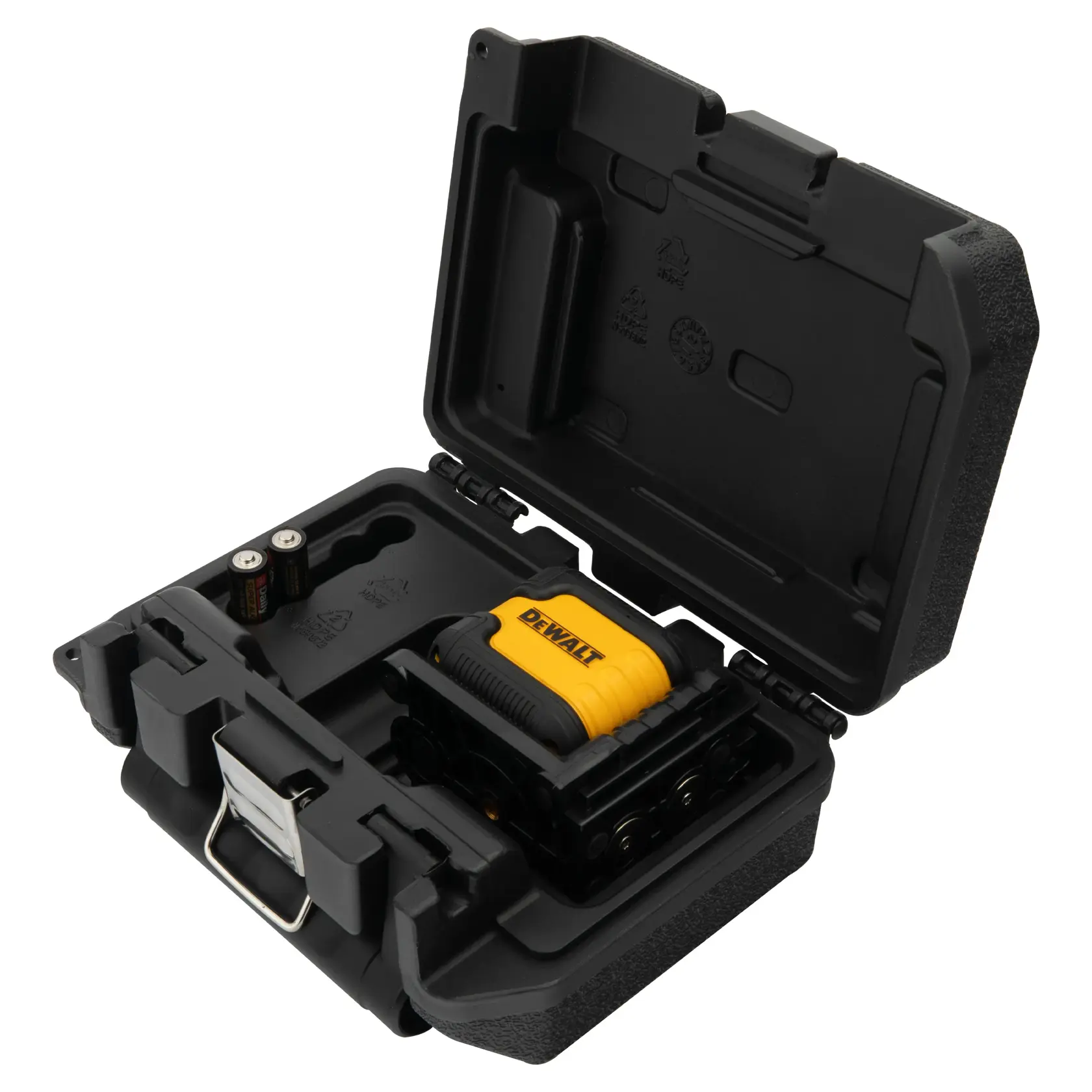 Una herramienta de nivel láser amarilla y negra de la marca DEWALT, modelo DW08802, mostrada sobre su base.