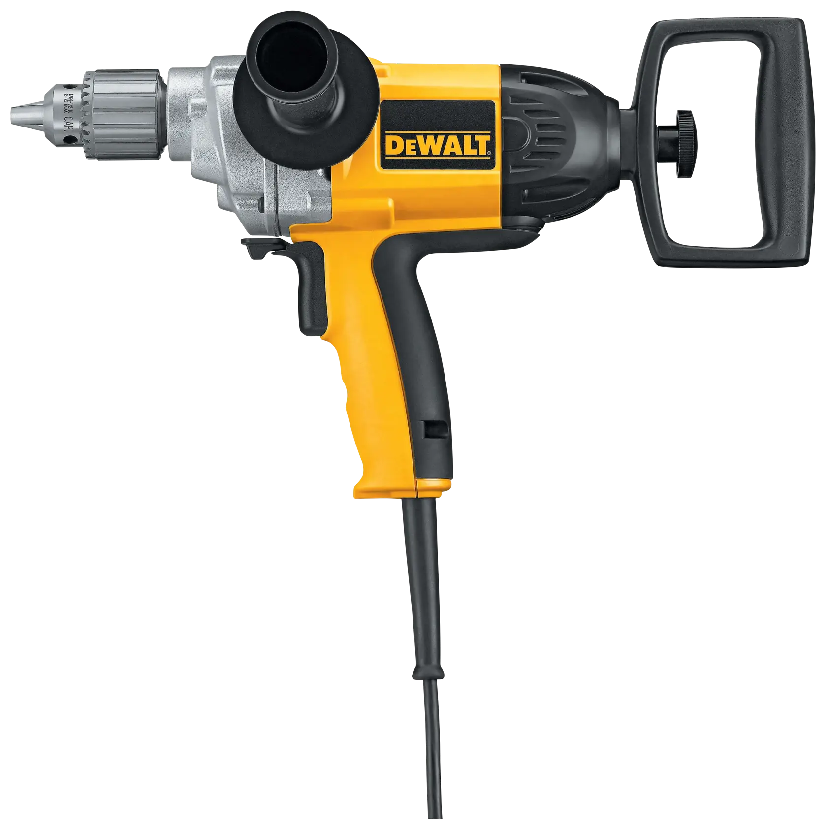Un taladro eléctrico DEWALT, modelo DW130V, con cuerpo amarillo y negro y mango lateral. El taladro es con cable y diseñado para uso de trabajos pesados.