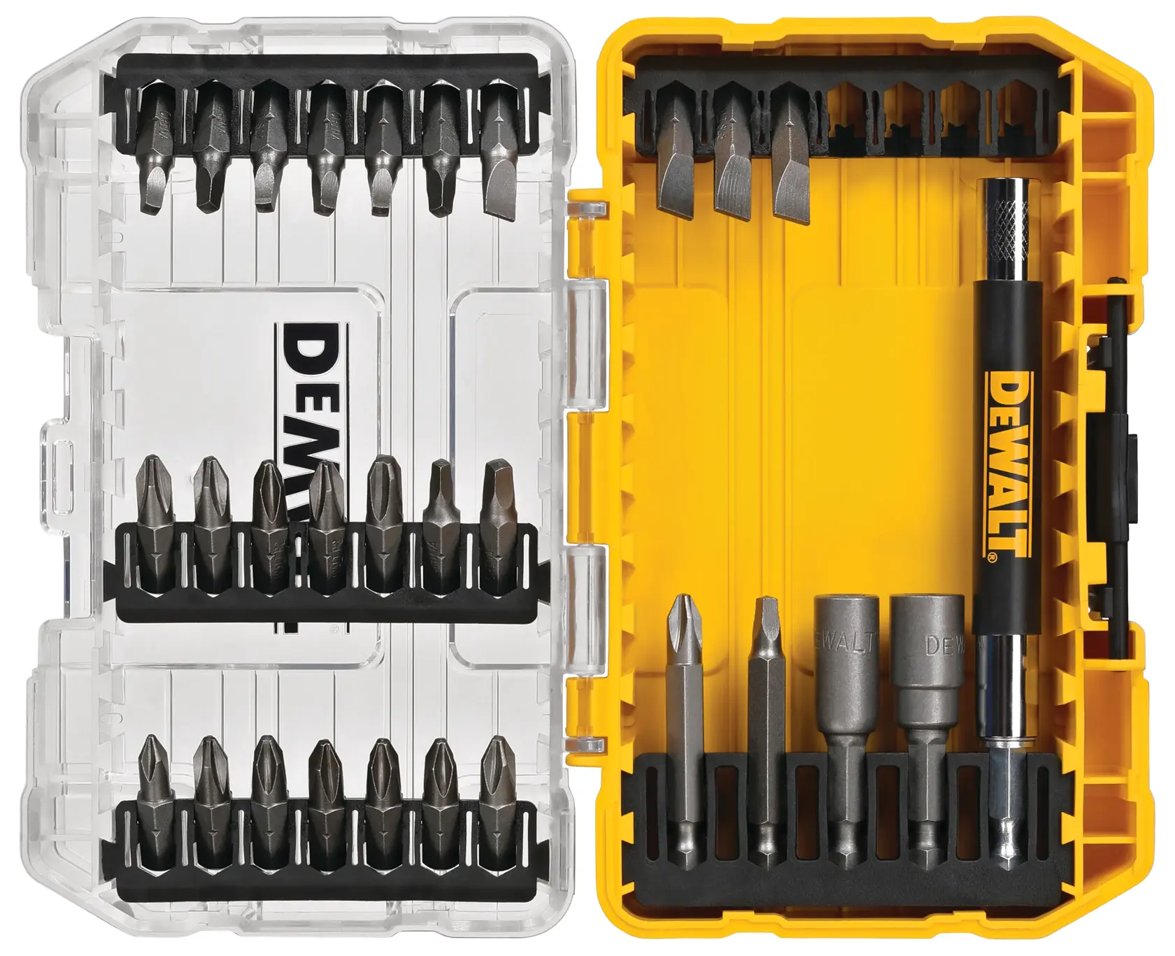 Un juego de puntas DEWALT en un estuche de plástico amarillo y transparente, que contiene múltiples puntas de destornillador y accesorios organizados en compartimentos.