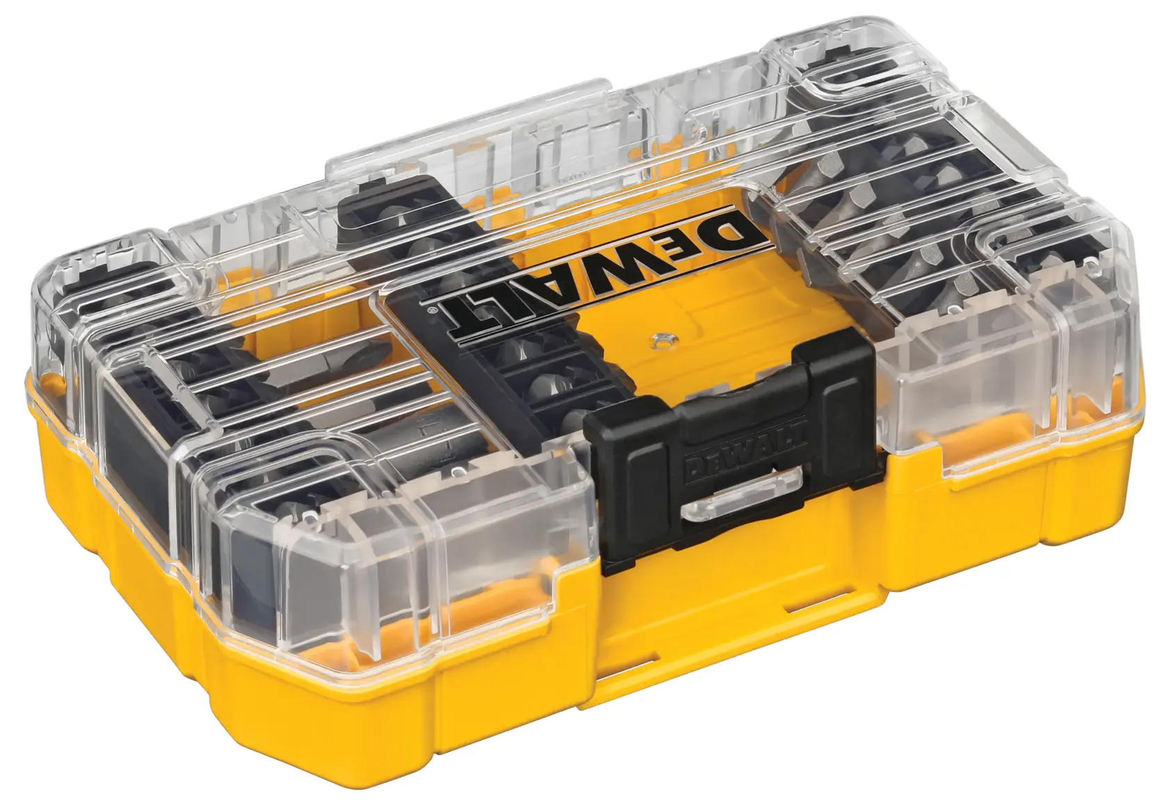 Un estuche de almacenamiento de plástico amarillo y negro DEWALT con tapa transparente, utilizado para organizar y guardar piezas o accesorios.
