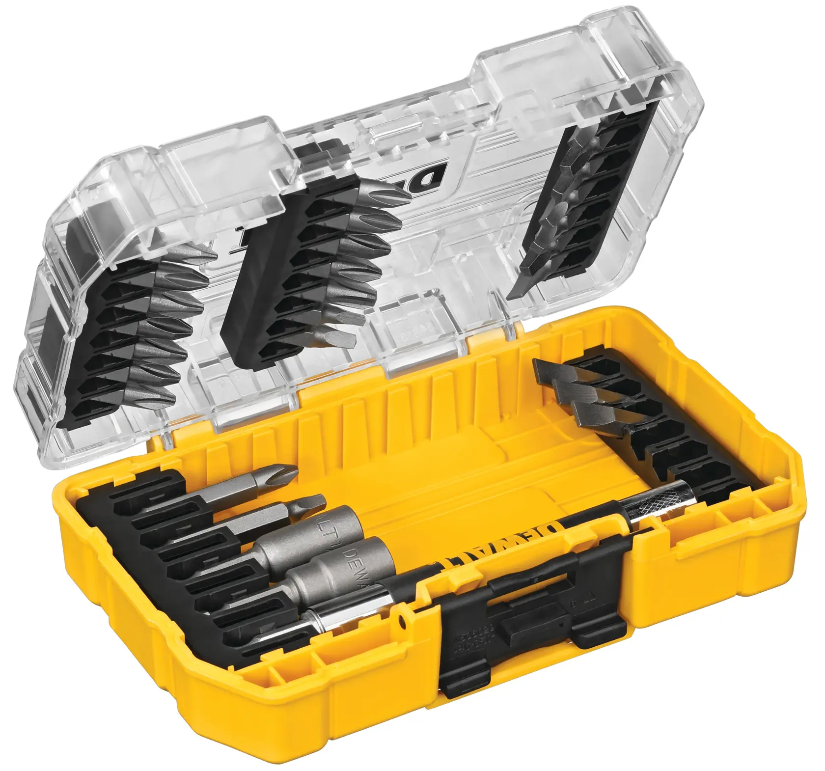 Un estuche de herramientas DEWALT de plástico amarillo con tapa transparente que contiene varias puntas de destornillador y accesorios organizados cuidadosamente en el interior.