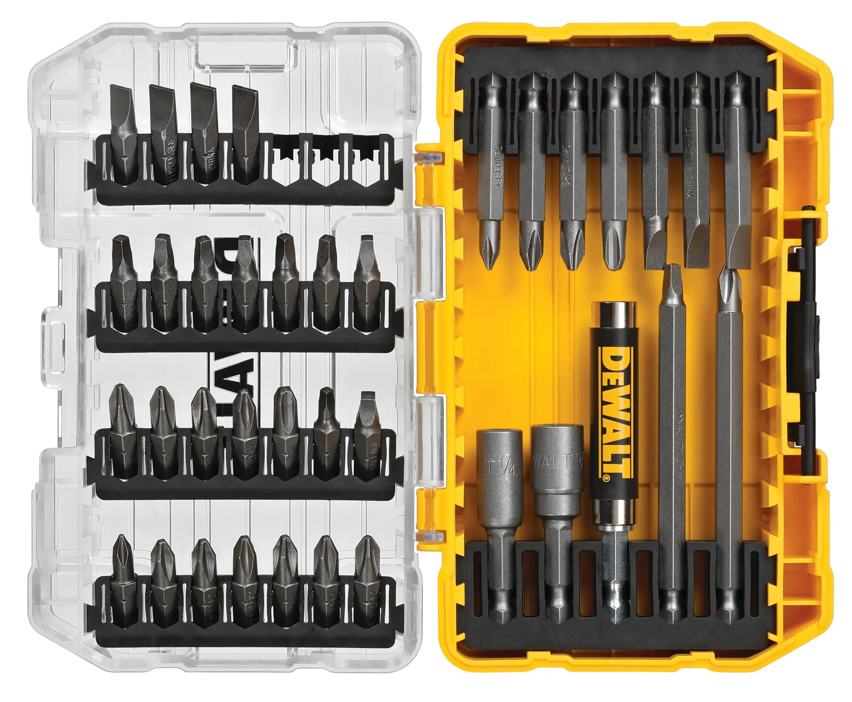 Un juego de puntas de destornillador DEWALT DW2163 en una caja de almacenamiento de plástico amarilla y transparente, con varias puntas metálicas de diferentes tamaños y formas organizadas en filas.