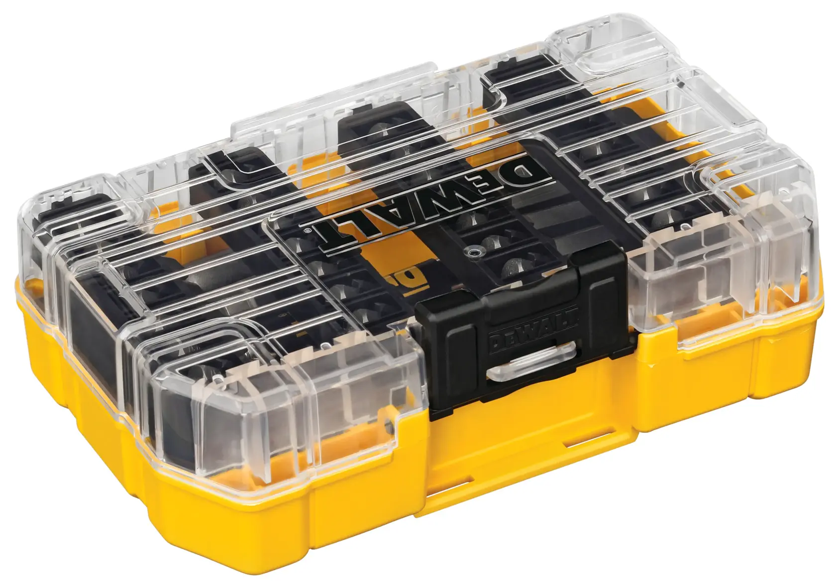 Un estuche de almacenamiento de plástico amarillo y negro DEWALT con tapa transparente, diseñado para organizar y guardar herramientas pequeñas o accesorios.