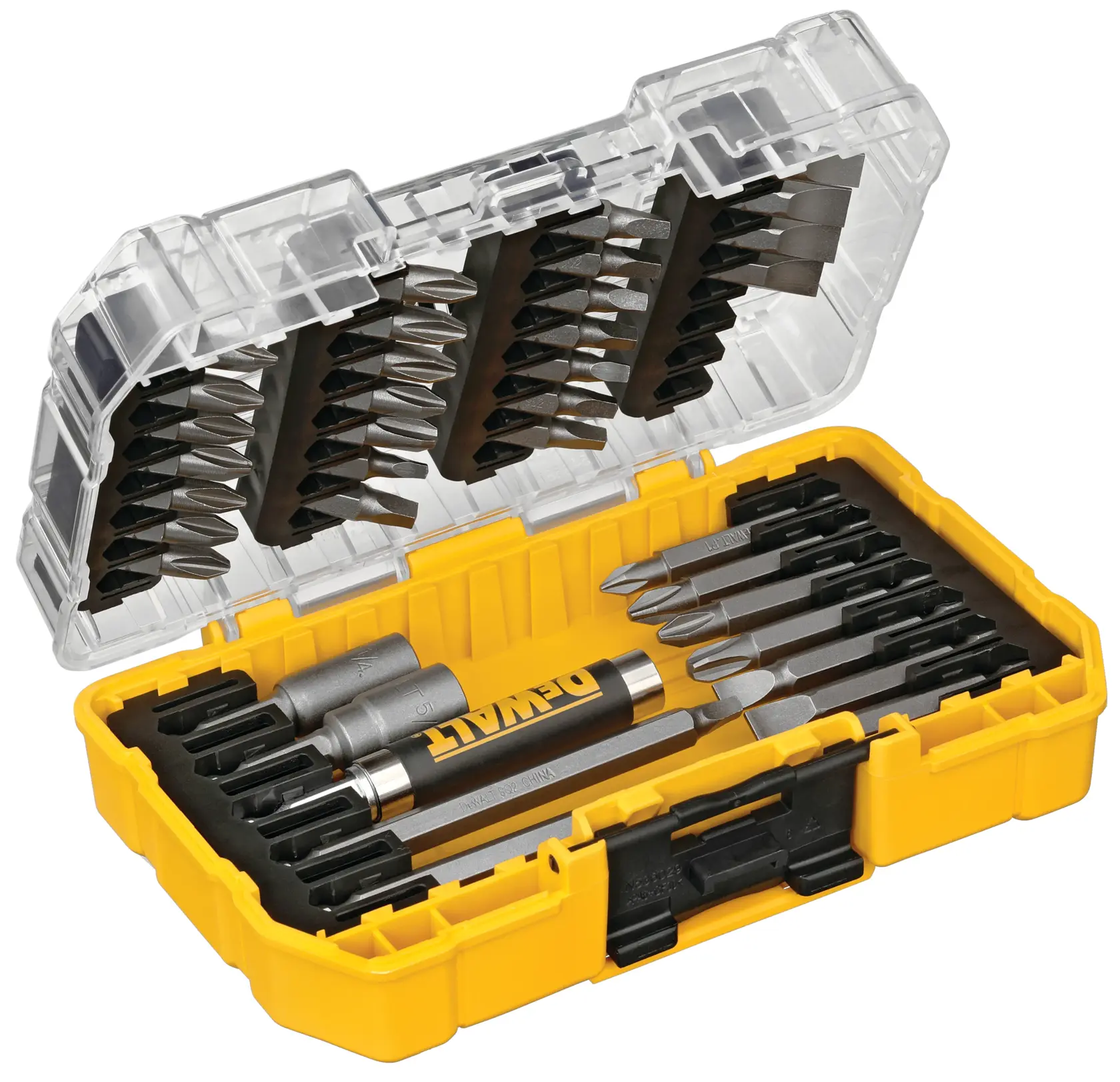 Un estuche de plástico amarillo y negro de la marca DEWALT que contiene una colección de puntas destornilladoras y accesorios, mostrado con la tapa abierta. El estuche presenta ranuras organizadas para varios tipos y tamaños de puntas. La tapa es transparente, mostrando las puntas aseguradas en el interior.