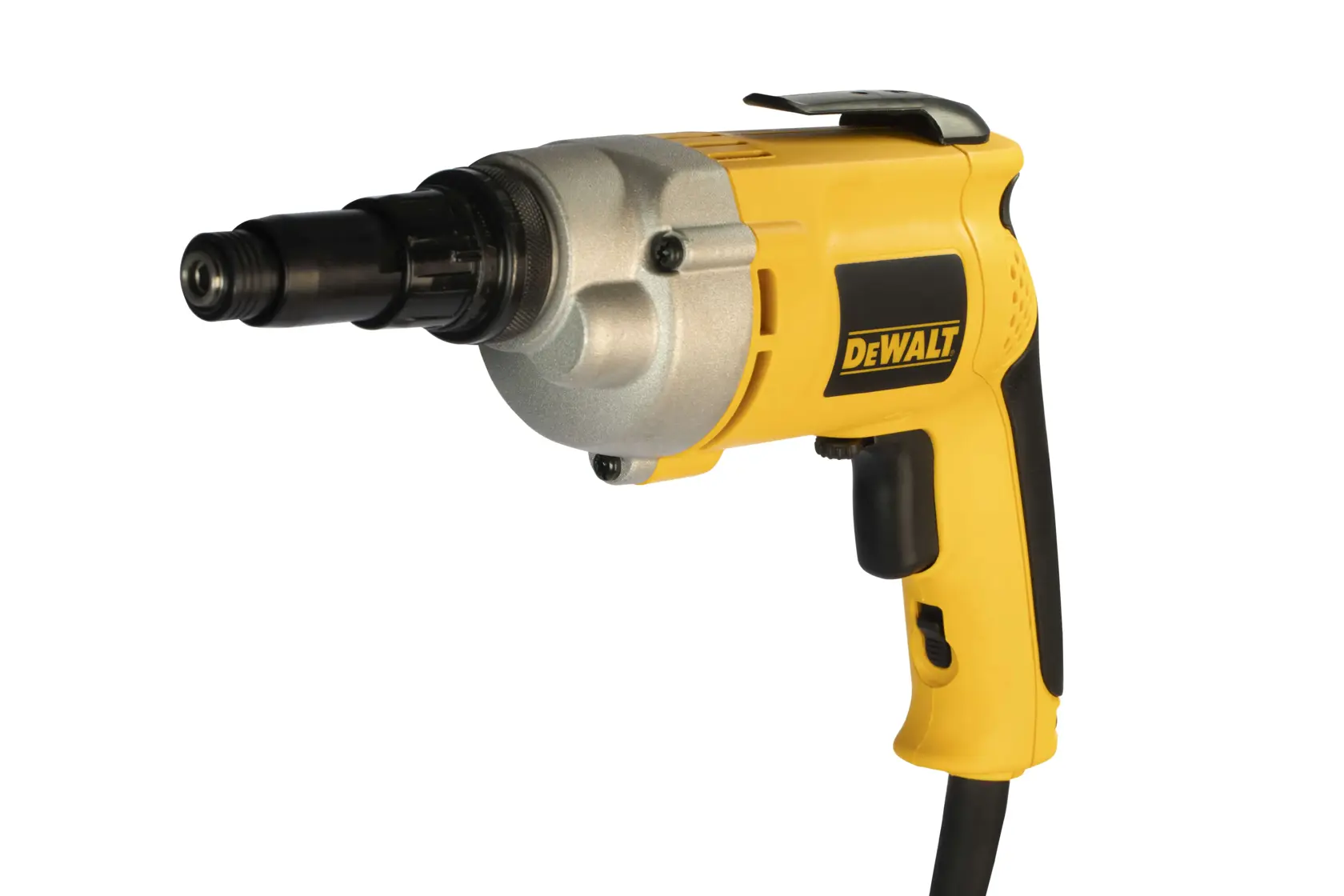Un destornillador eléctrico amarillo y negro DEWALT, modelo DW255, con cable y mango ergonómico, fotografiado sobre fondo blanco.
