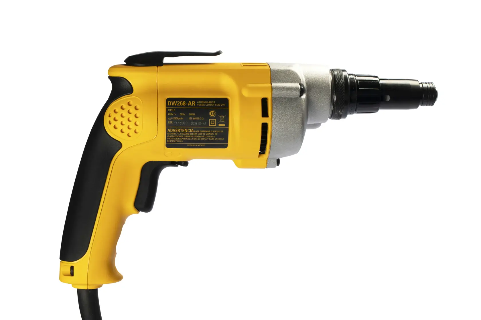 Un destornillador eléctrico DEWALT DW268 con mango amarillo y negro, mostrado de lado sobre un fondo blanco.