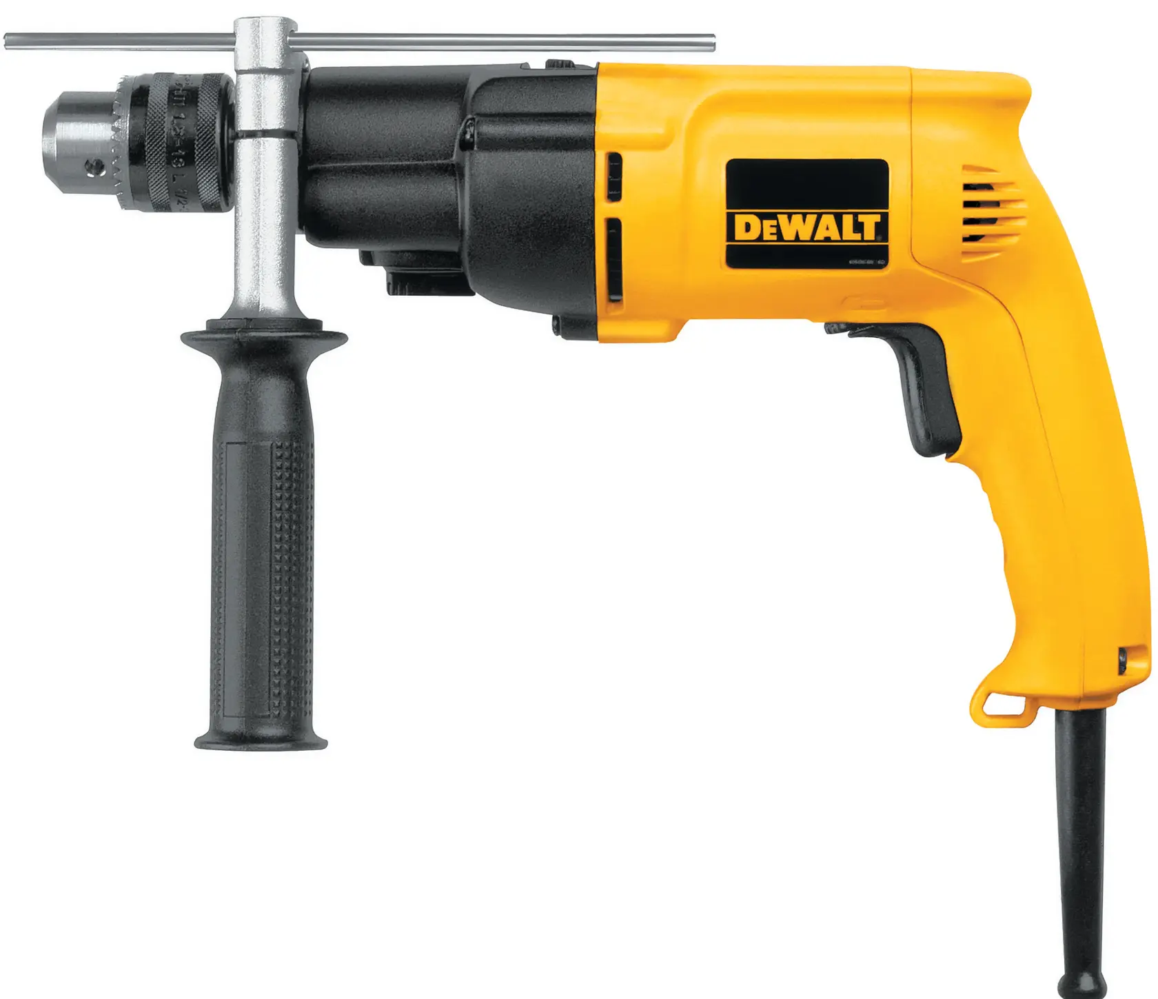 Taladro eléctrico DEWALT DW505 amarillo y negro con mango lateral y varilla de profundidad, fondo blanco.